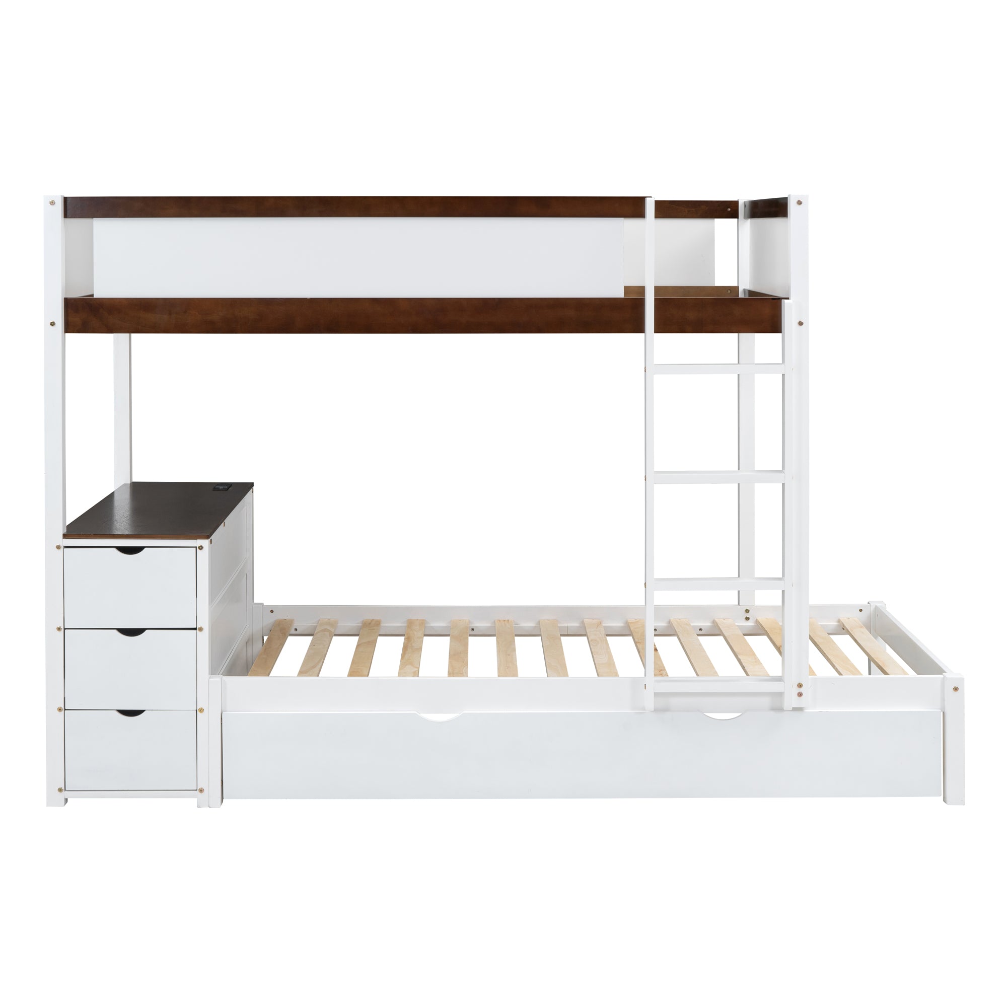 Twin-Over-Twin Bunk Bed with Twin size Trundle, Storage and Desk, White+Walnut