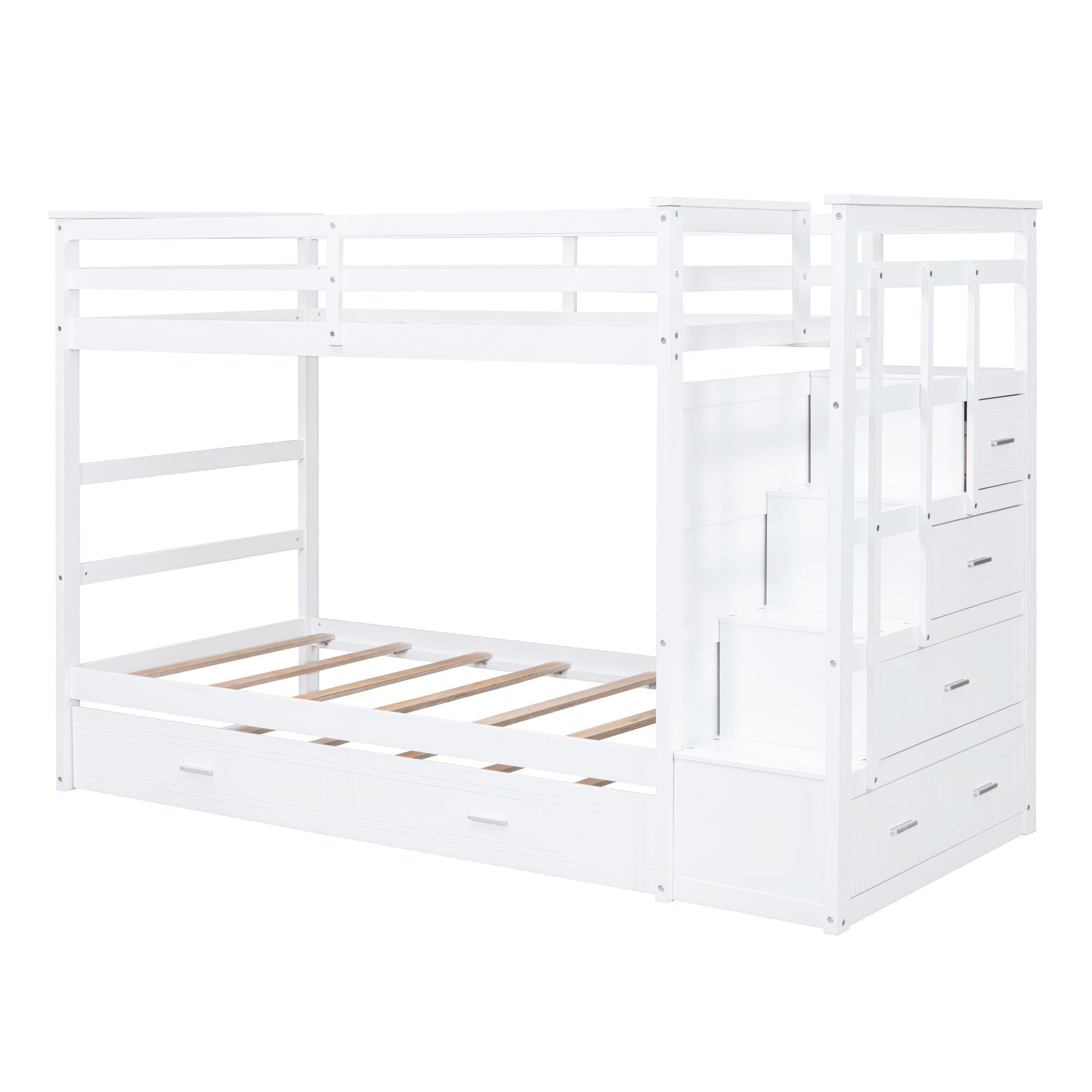 Twin Over Twin Bunk Bed with Trundle and Staircase,White