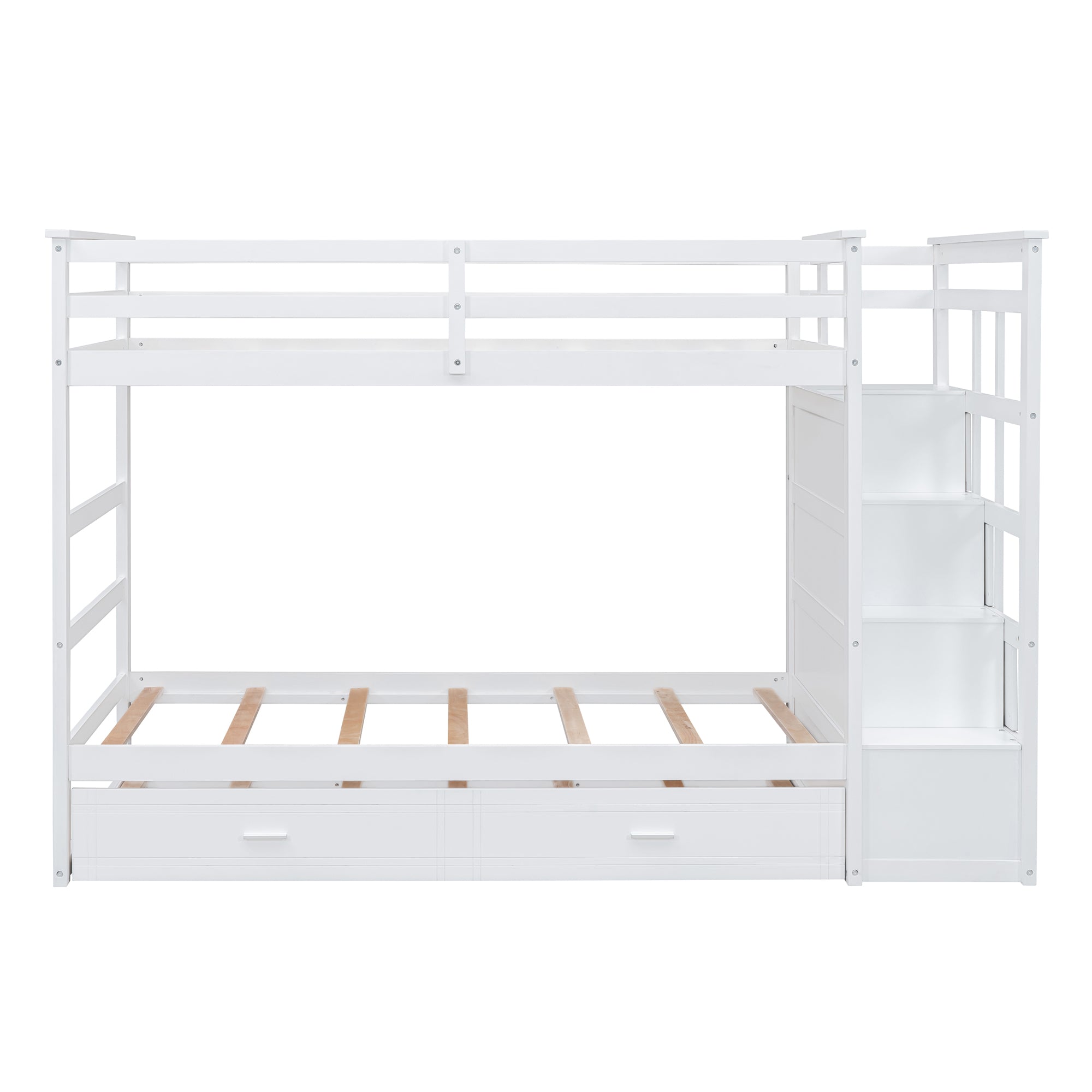 Twin Over Twin Bunk Bed with Trundle and Staircase,White