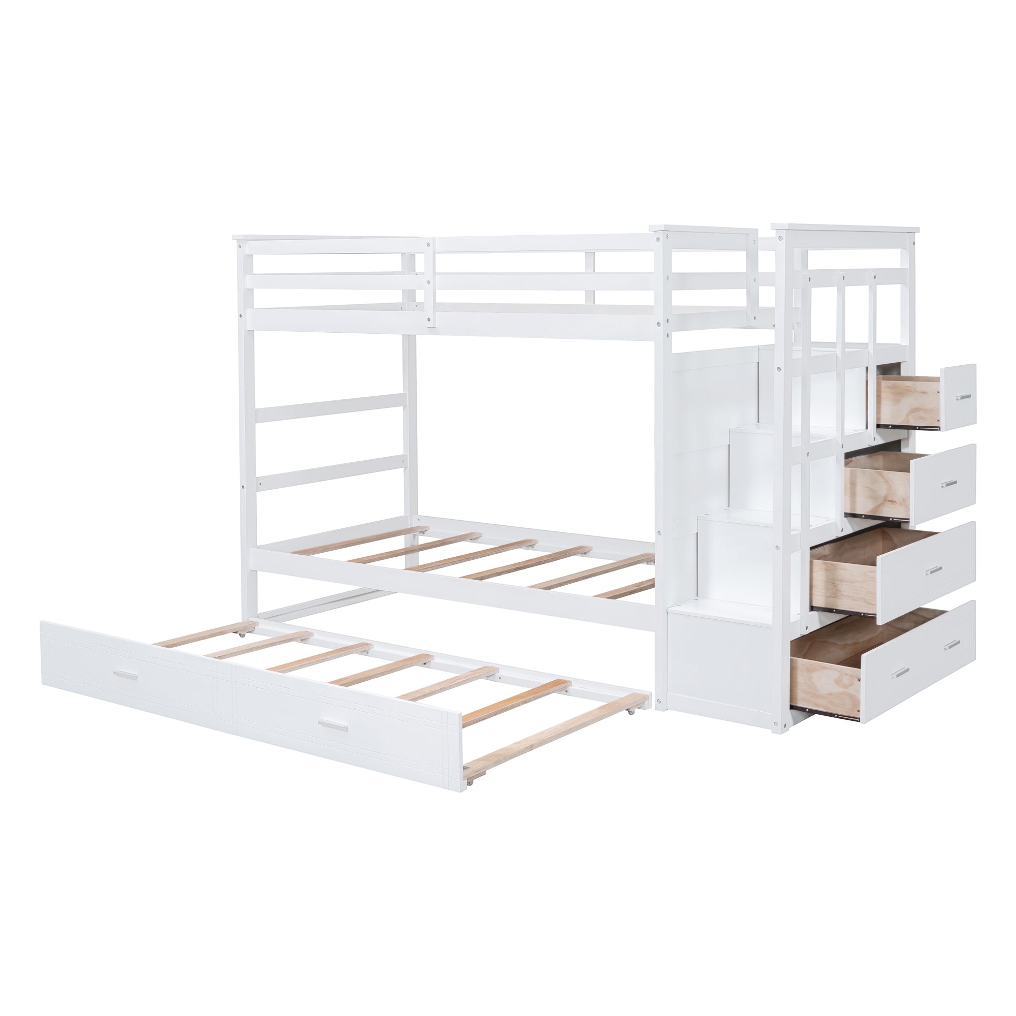 Twin Over Twin Bunk Bed with Trundle and Staircase,White