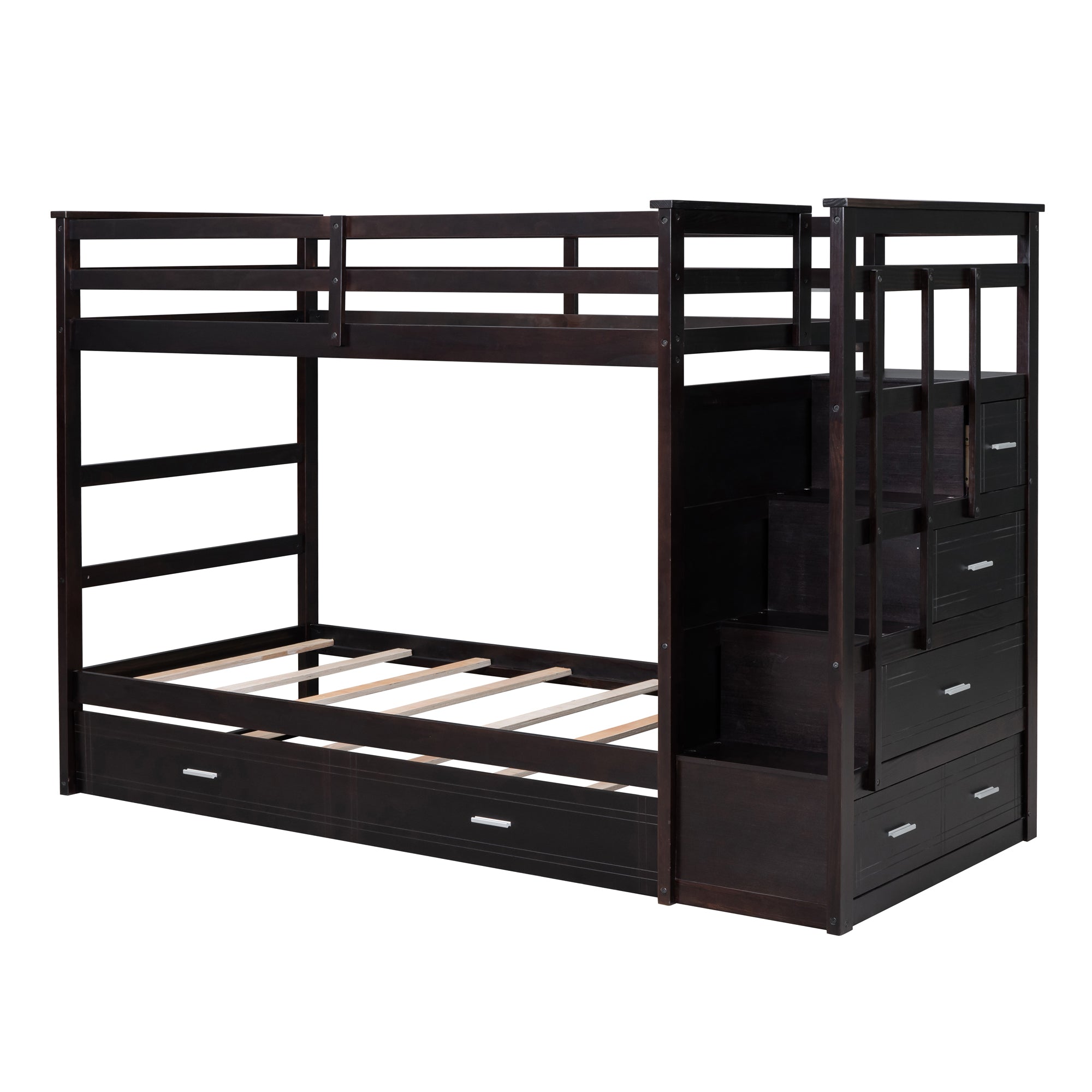 Twin Over Twin Bunk Bed with Trundle and Staircase,Espresso