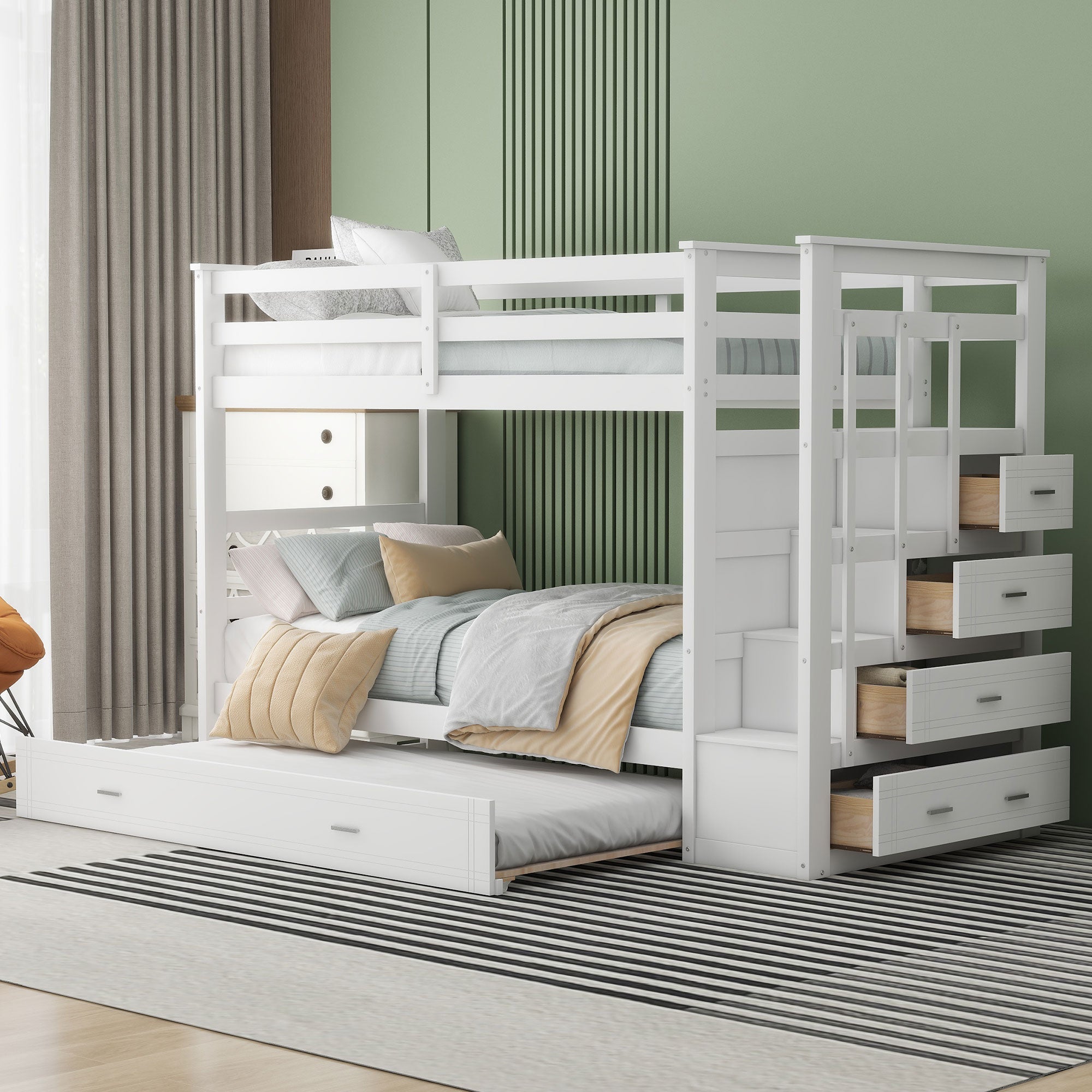 Twin Over Twin Bunk Bed with Trundle and Staircase,White