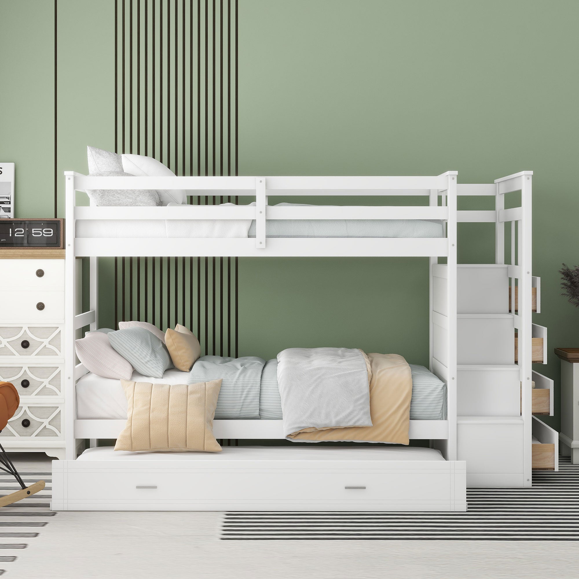 Twin Over Twin Bunk Bed with Trundle and Staircase,White