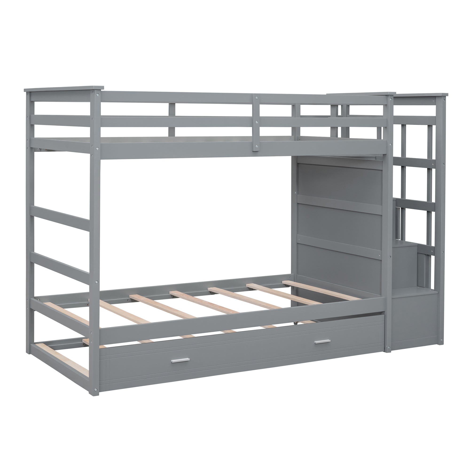 Twin Over Twin Bunk Bed with Trundle and Staircase,Gray