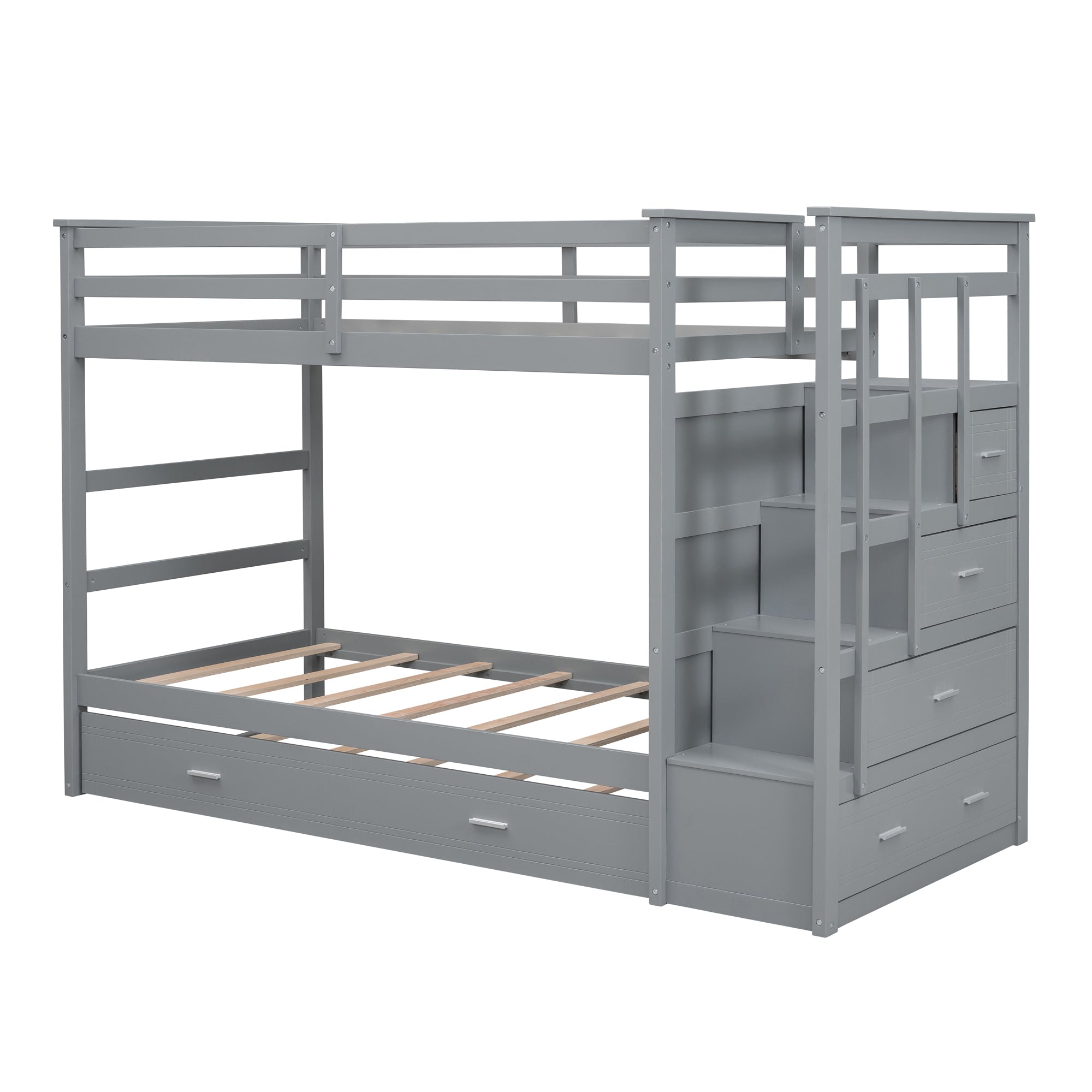 Twin Over Twin Bunk Bed with Trundle and Staircase,Gray