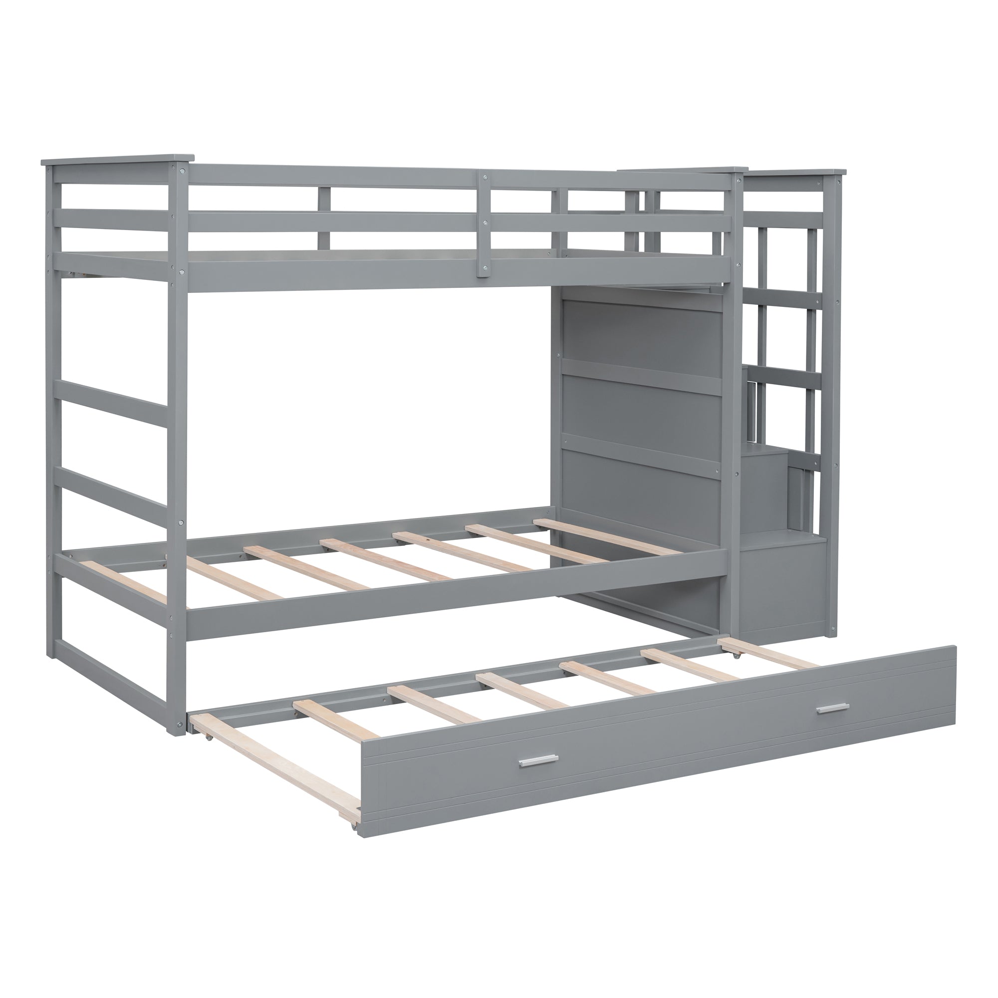 Twin Over Twin Bunk Bed with Trundle and Staircase,Gray