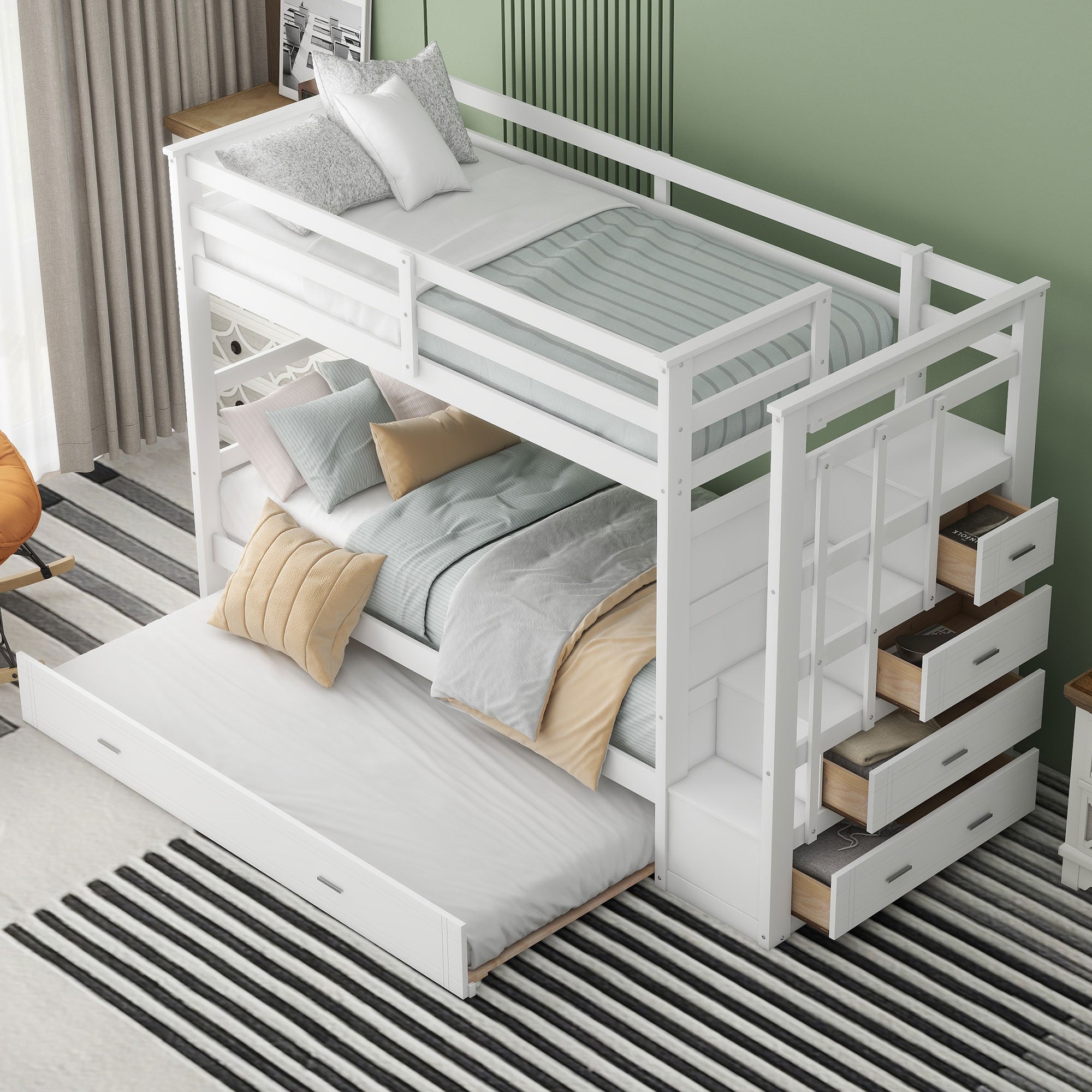 Twin Over Twin Bunk Bed with Trundle and Staircase,White