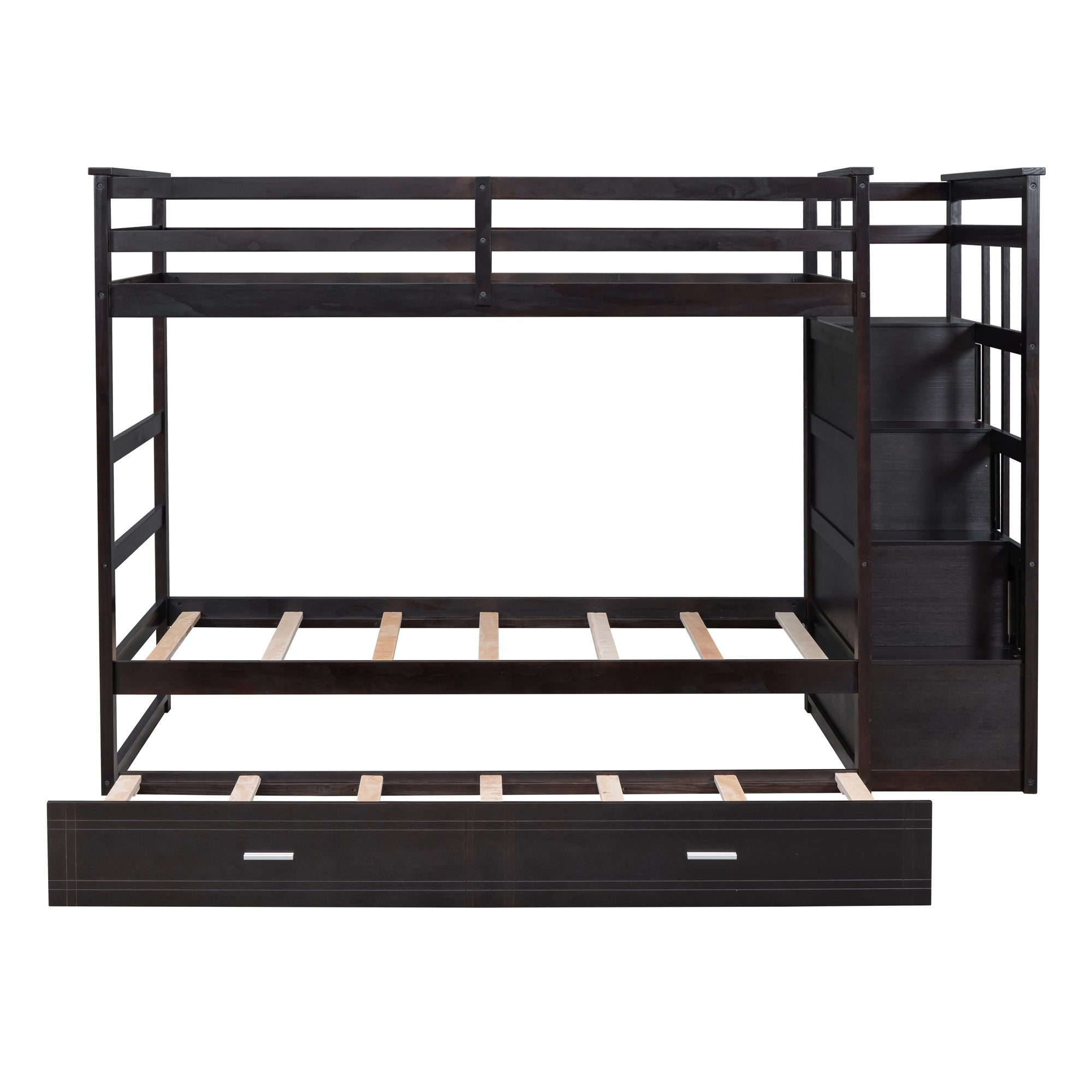 Twin Over Twin Bunk Bed with Trundle and Staircase,Espresso