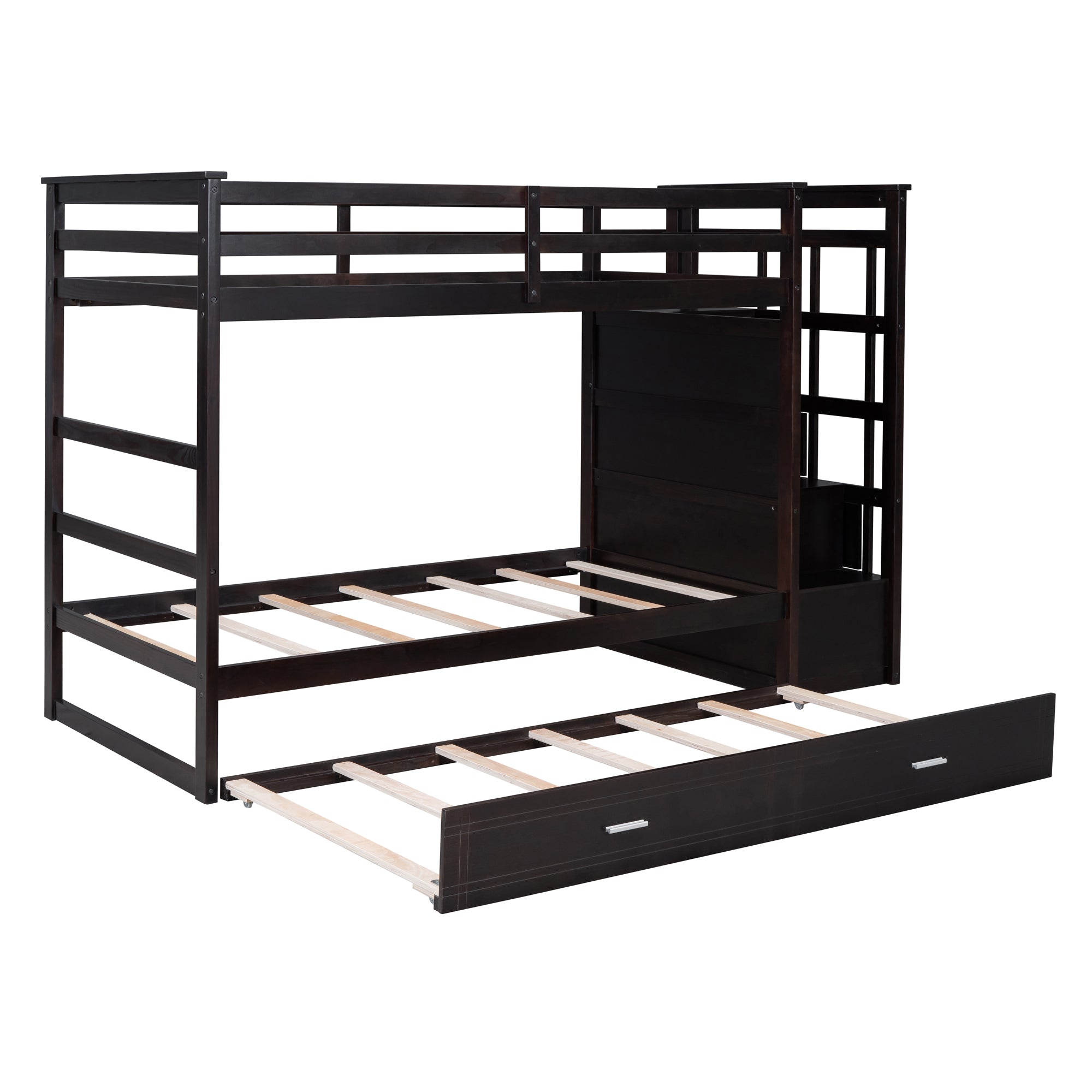 Twin Over Twin Bunk Bed with Trundle and Staircase,Espresso