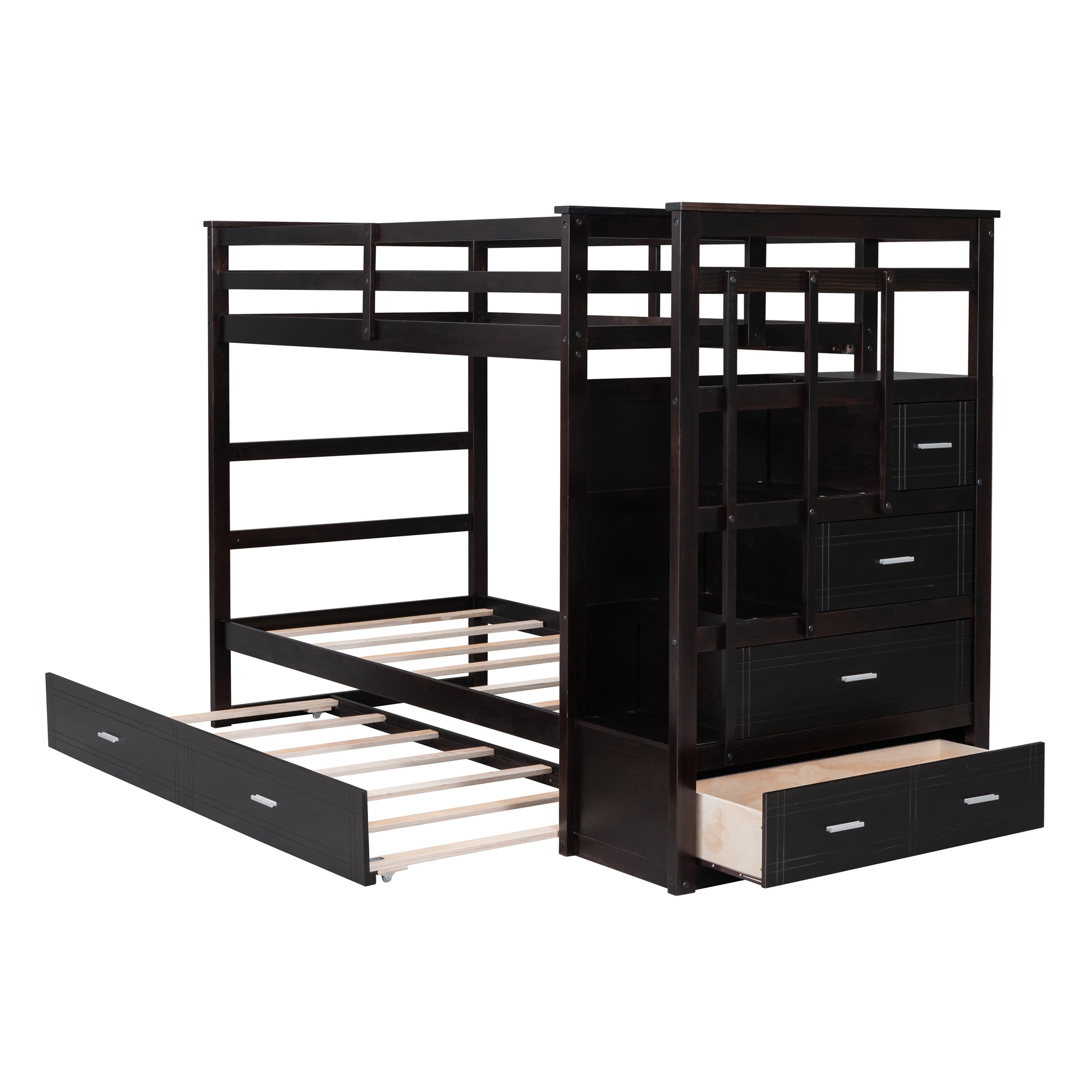 Twin Over Twin Bunk Bed with Trundle and Staircase,Espresso