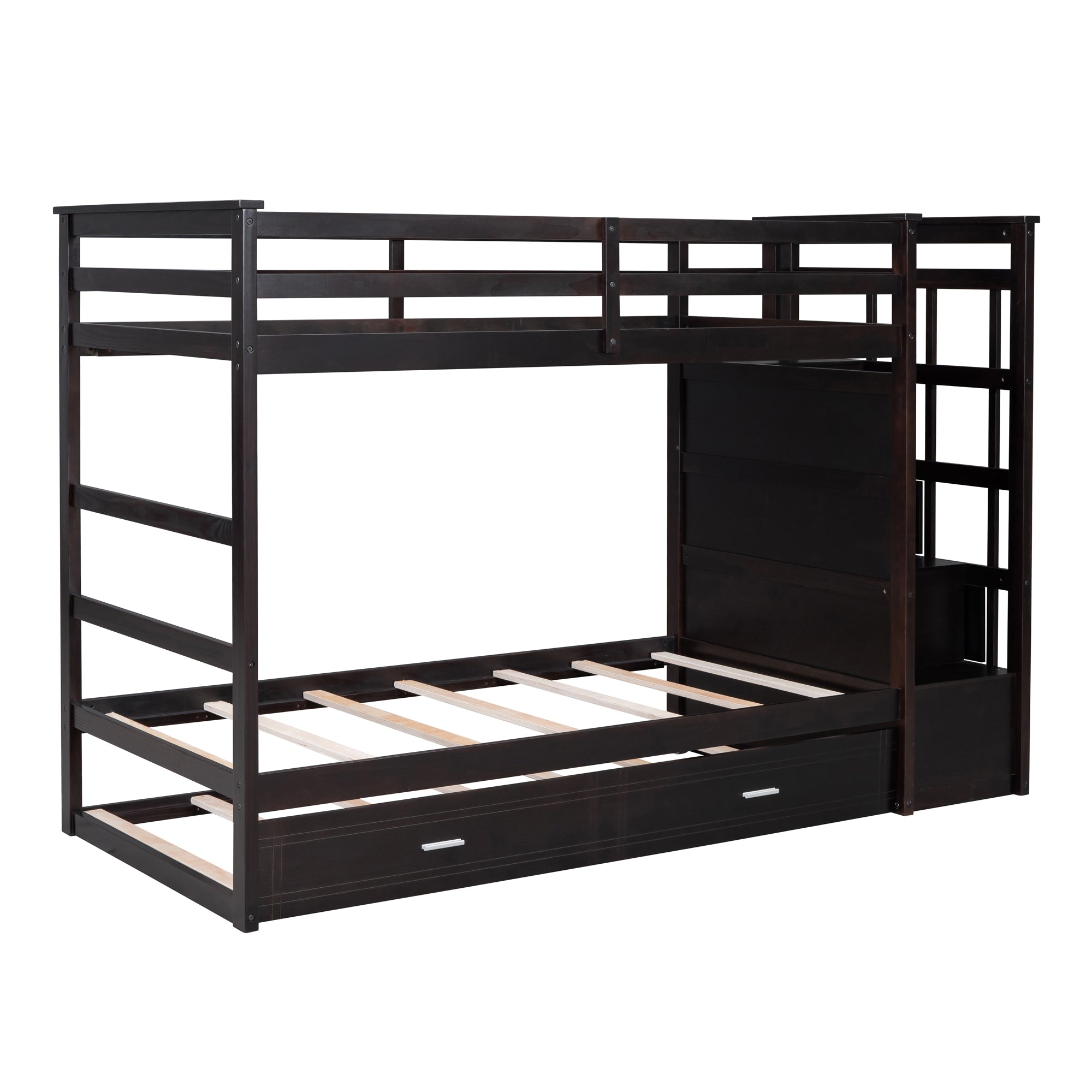 Twin Over Twin Bunk Bed with Trundle and Staircase,Espresso