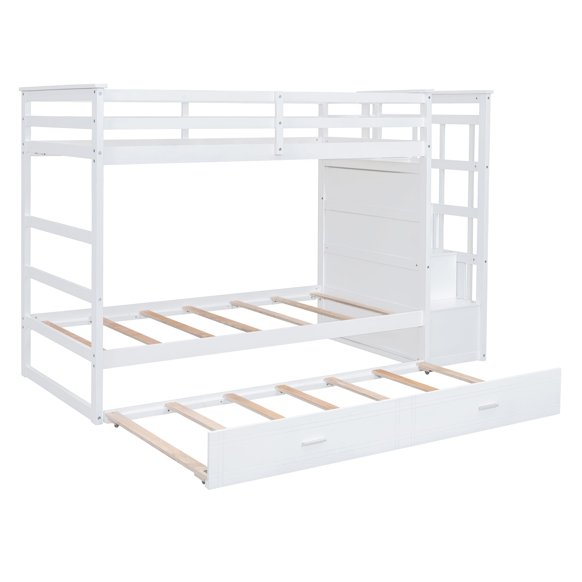 Twin Over Twin Bunk Bed with Trundle and Staircase,White