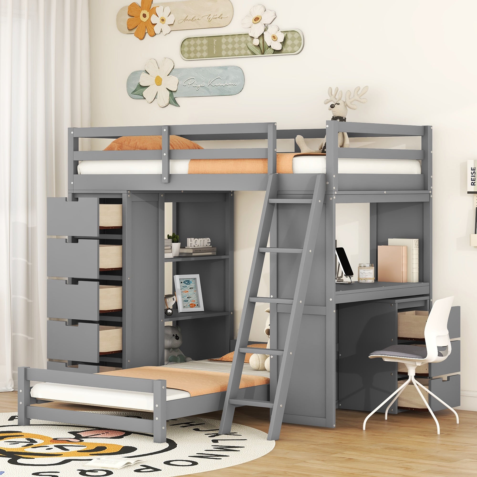 Twin over Twin Bunk Bed with LED Light and USB Ports, Gray