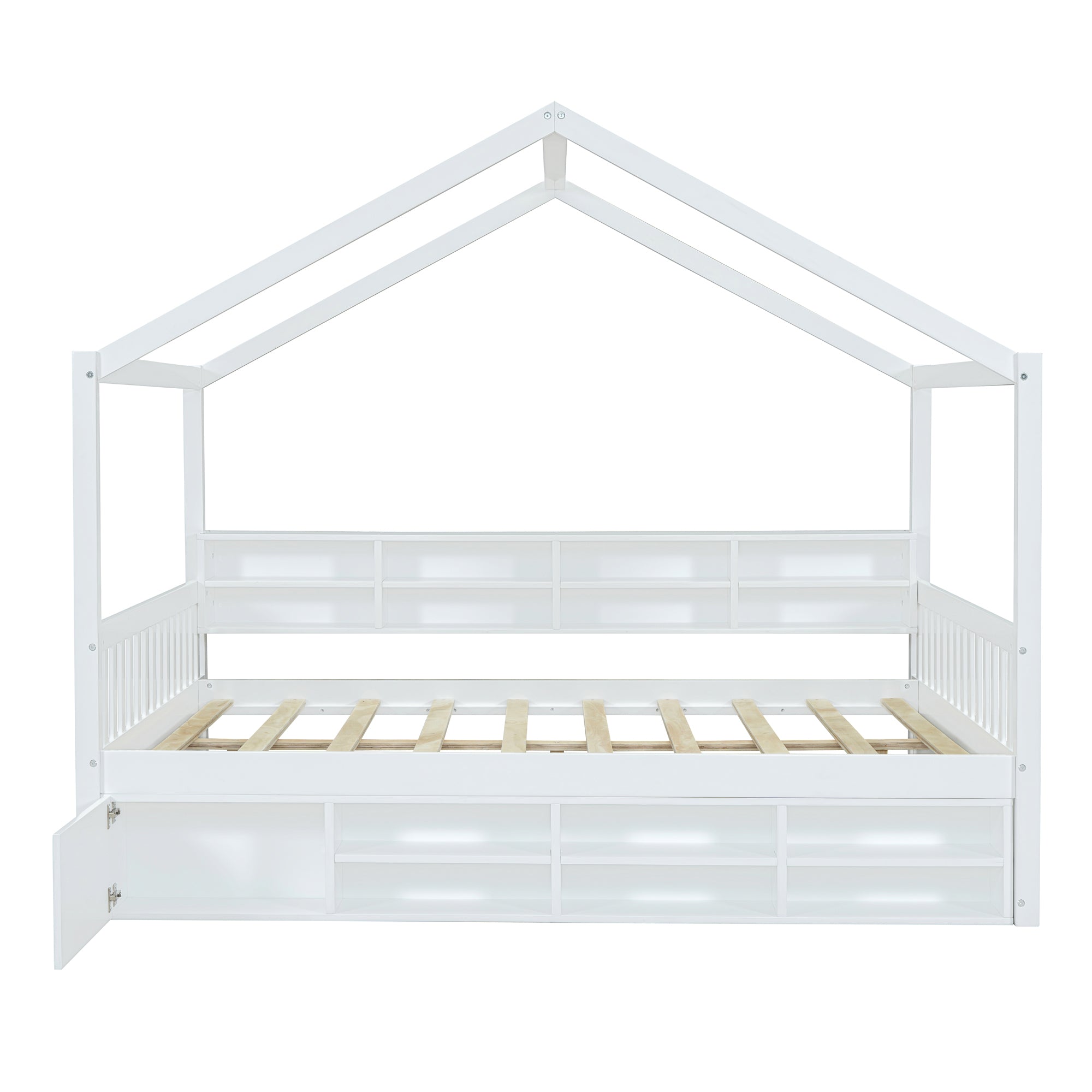 Full Size Wooden House Bed with Shelves and a Mini-cabinet, White