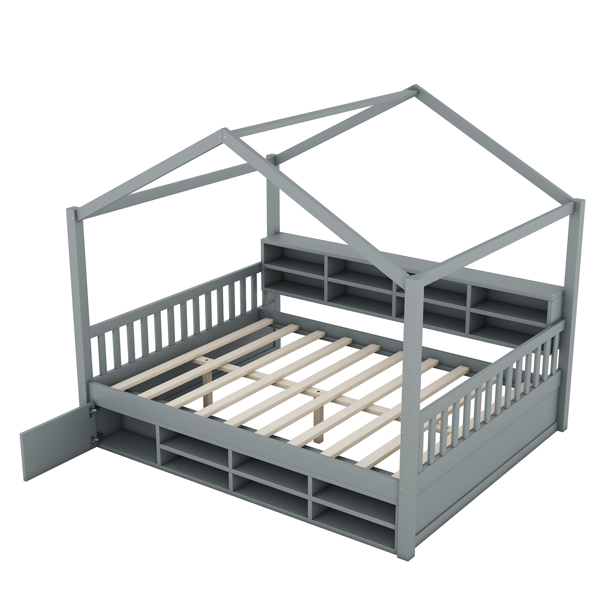 Full Size Wooden House Bed with Shelves and a Mini-cabinet, Gray