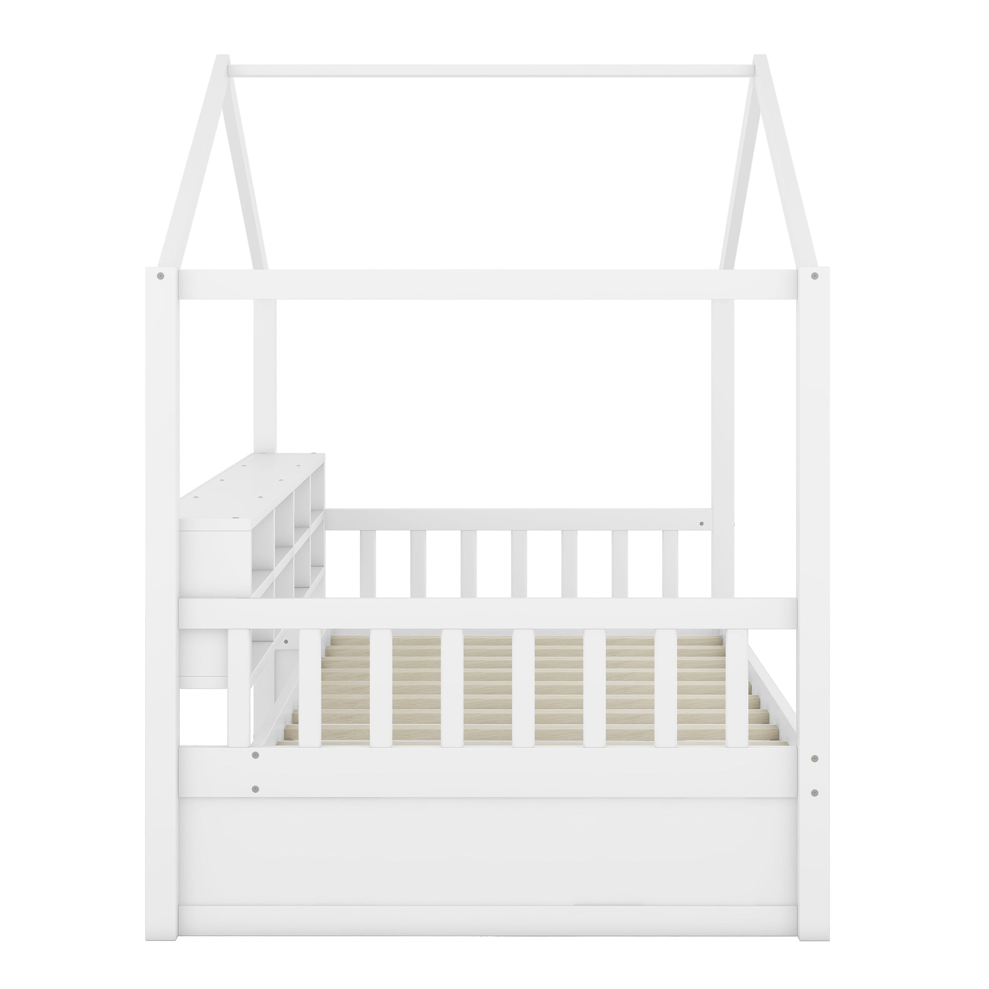 Twin Size Wooden House Bed with Shelves and a Mini-cabinet, White