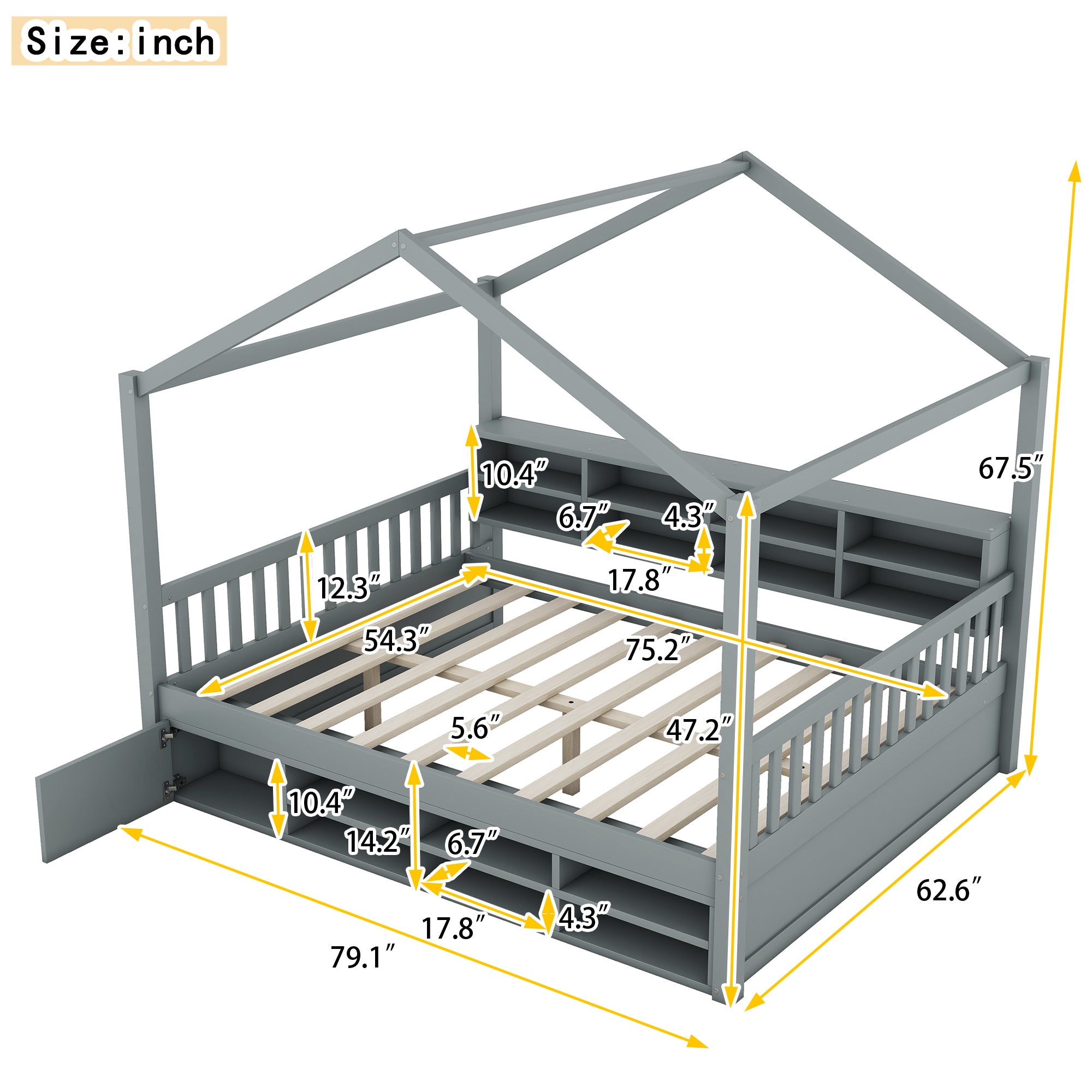 Full Size Wooden House Bed with Shelves and a Mini-cabinet, Gray