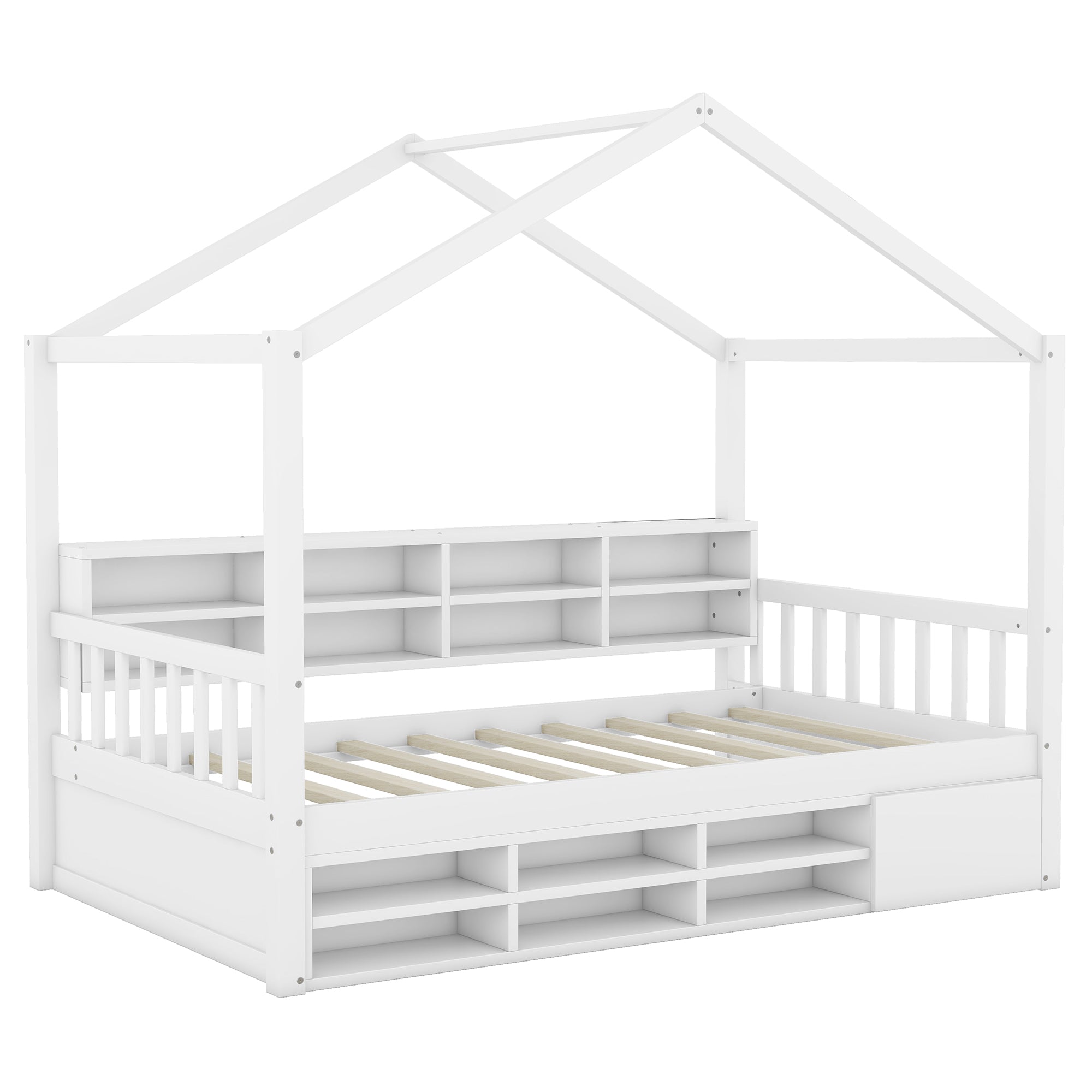 Twin Size Wooden House Bed with Shelves and a Mini-cabinet, White