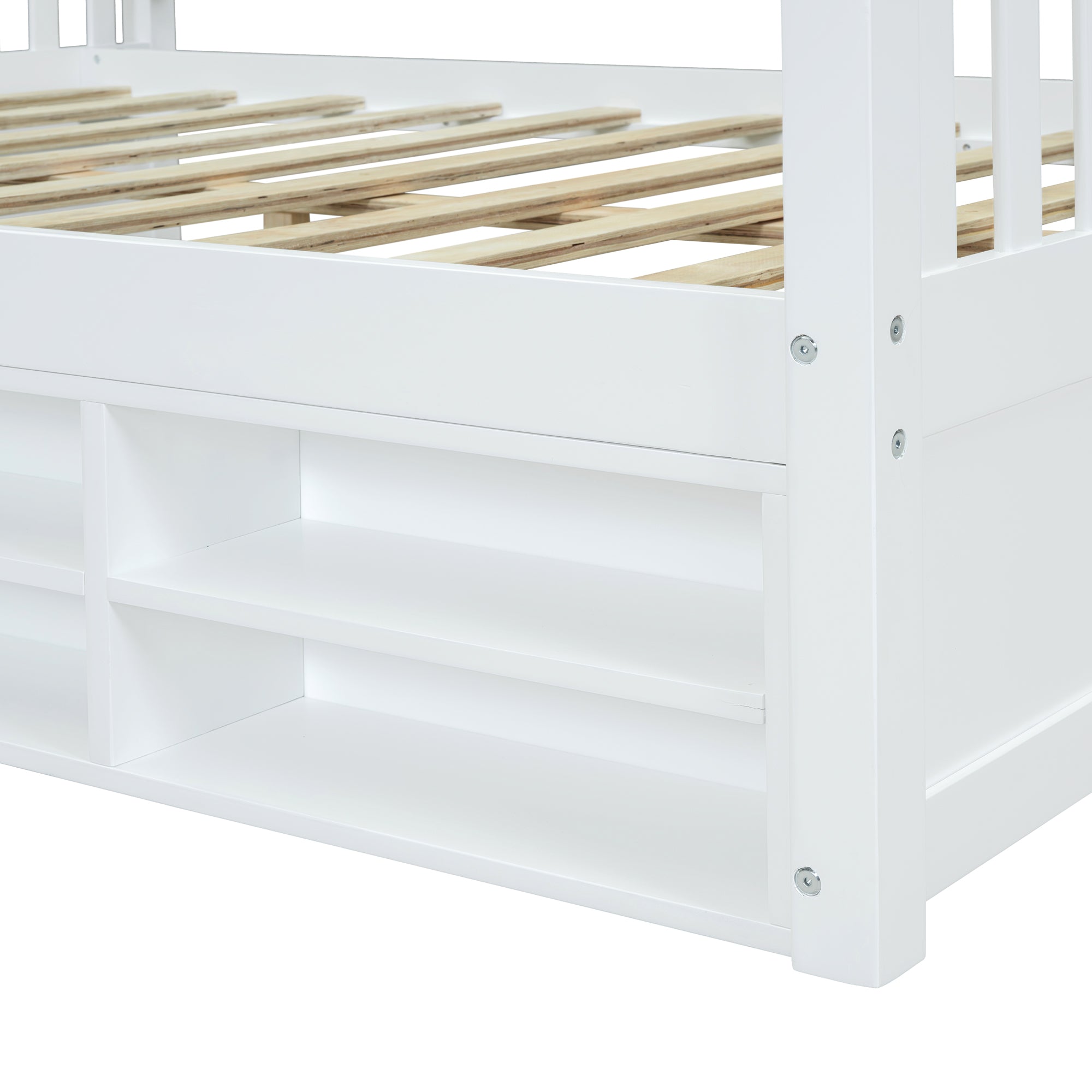 Full Size Wooden House Bed with Shelves and a Mini-cabinet, White