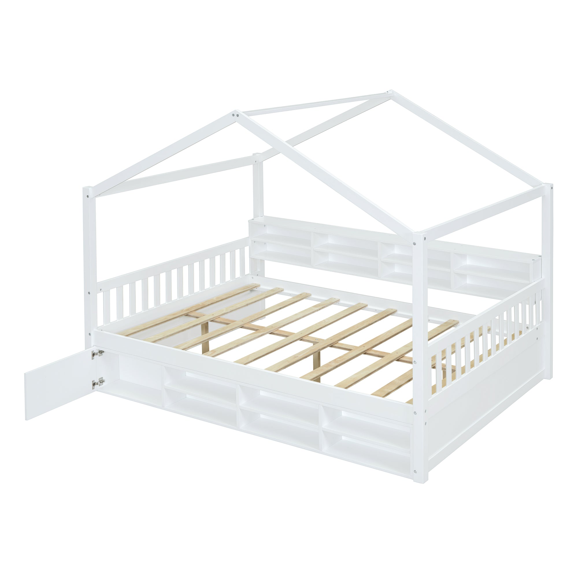 Full Size Wooden House Bed with Shelves and a Mini-cabinet, White