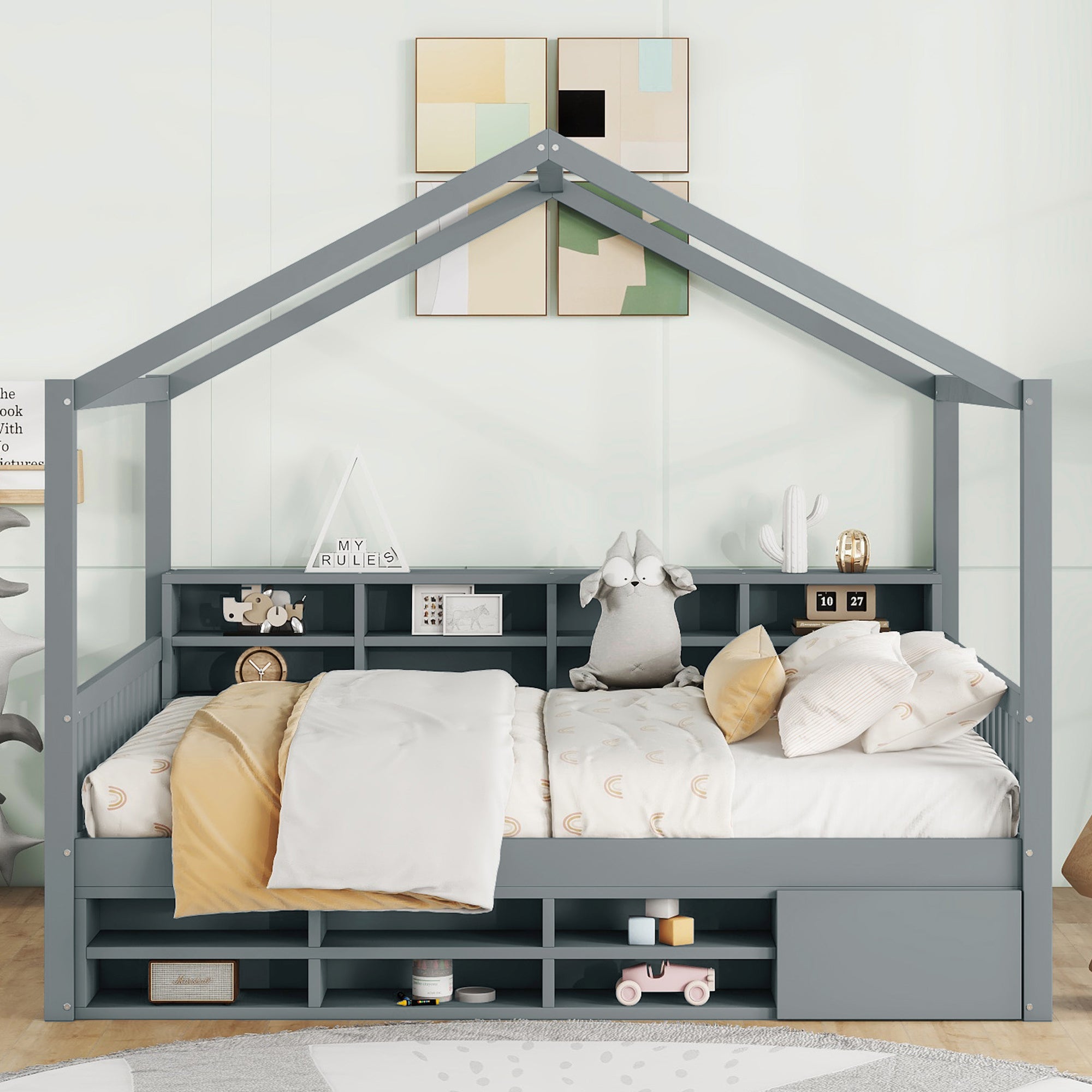 Full Size Wooden House Bed with Shelves and a Mini-cabinet, Gray