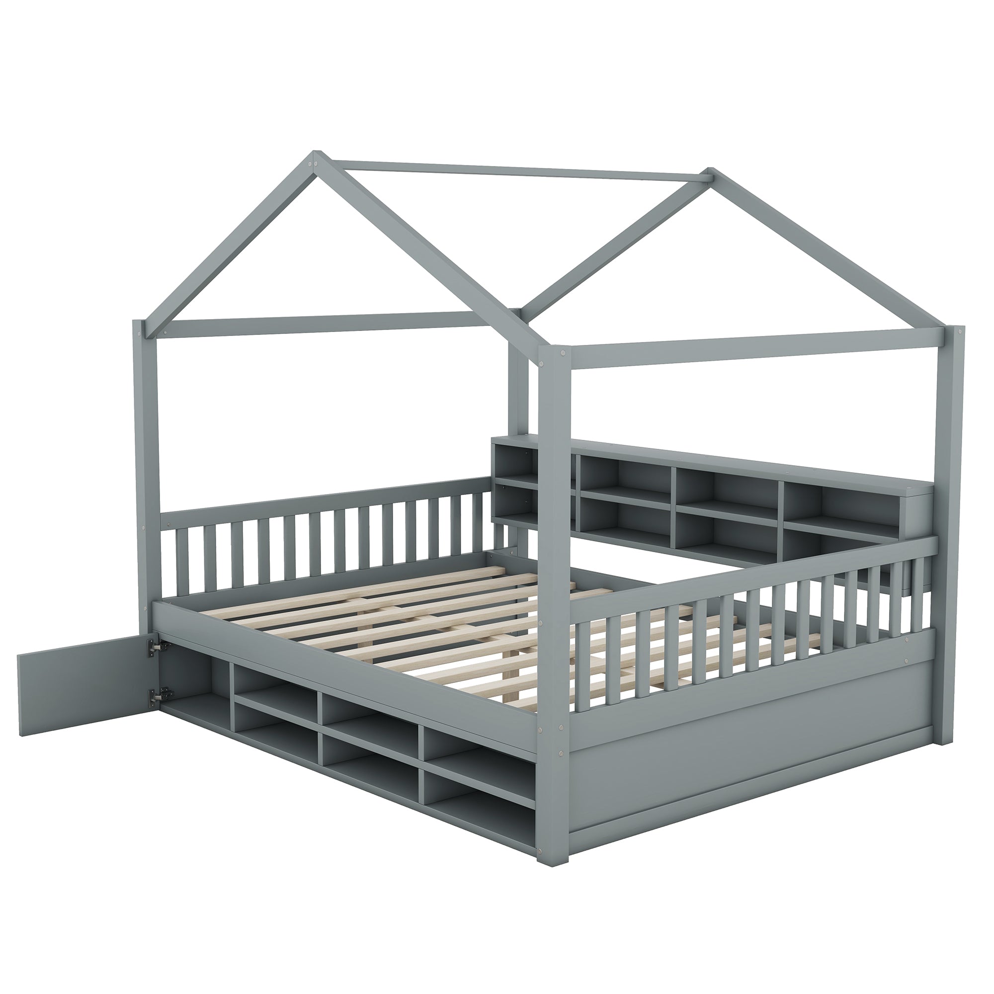 Full Size Wooden House Bed with Shelves and a Mini-cabinet, Gray