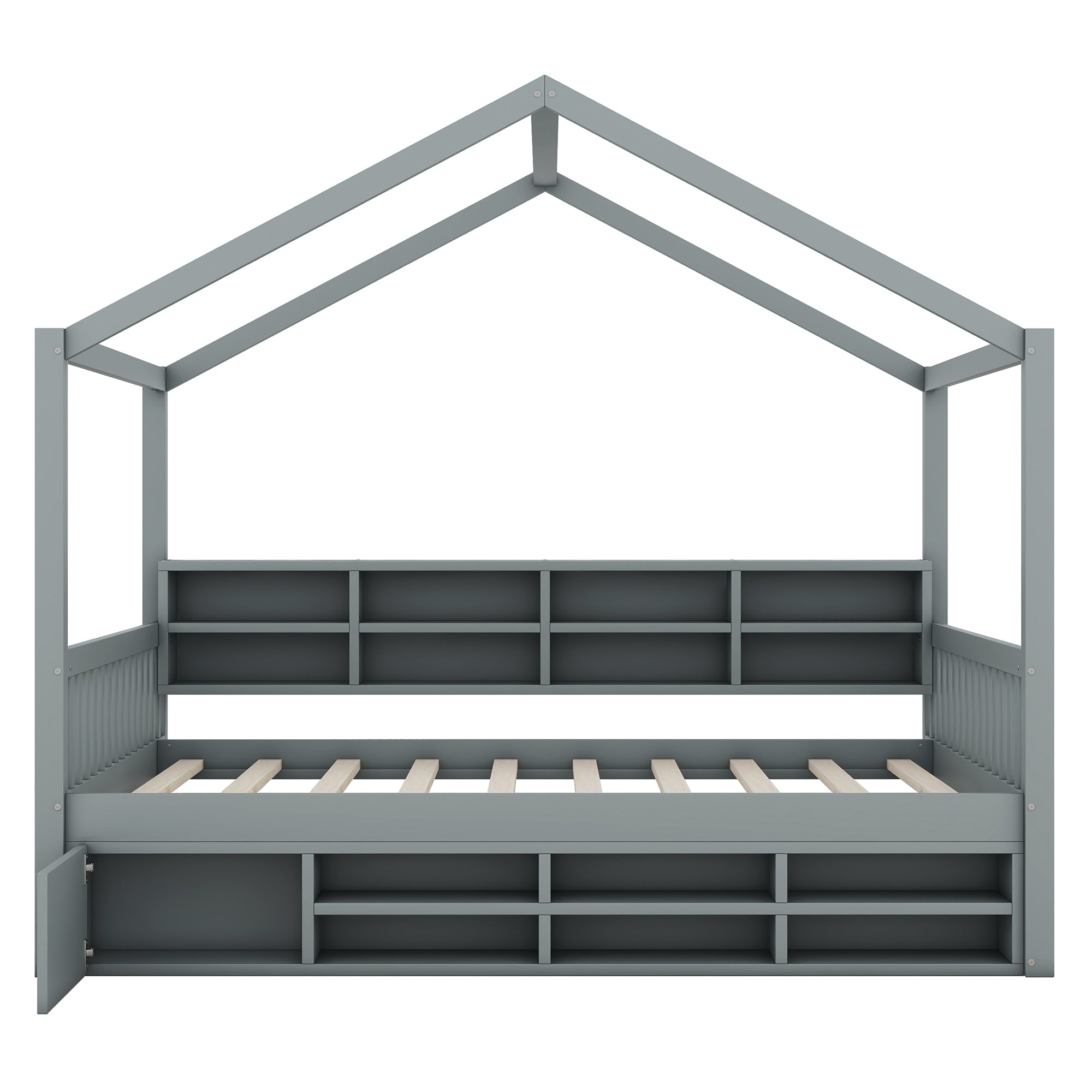 Full Size Wooden House Bed with Shelves and a Mini-cabinet, Gray