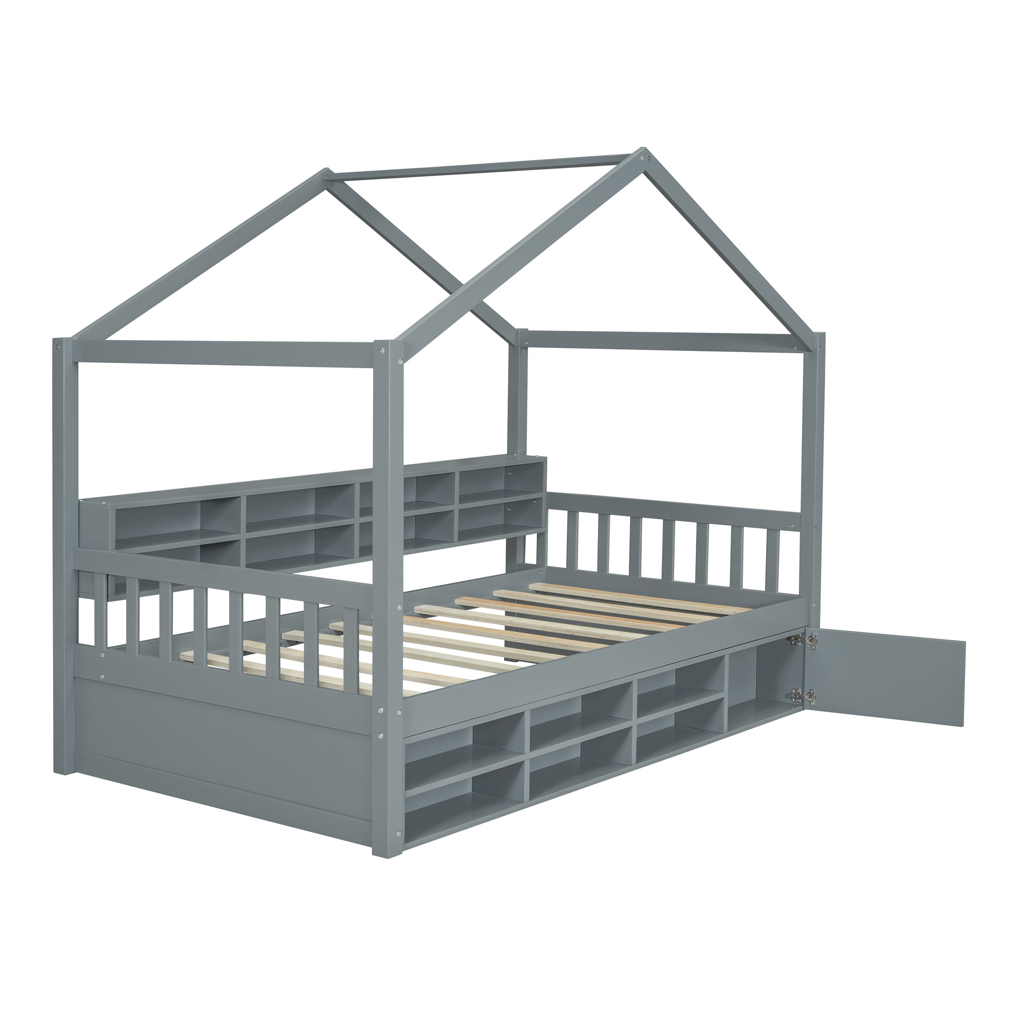 Twin Size Wooden House Bed with Shelves and a Mini-cabinet, Gray