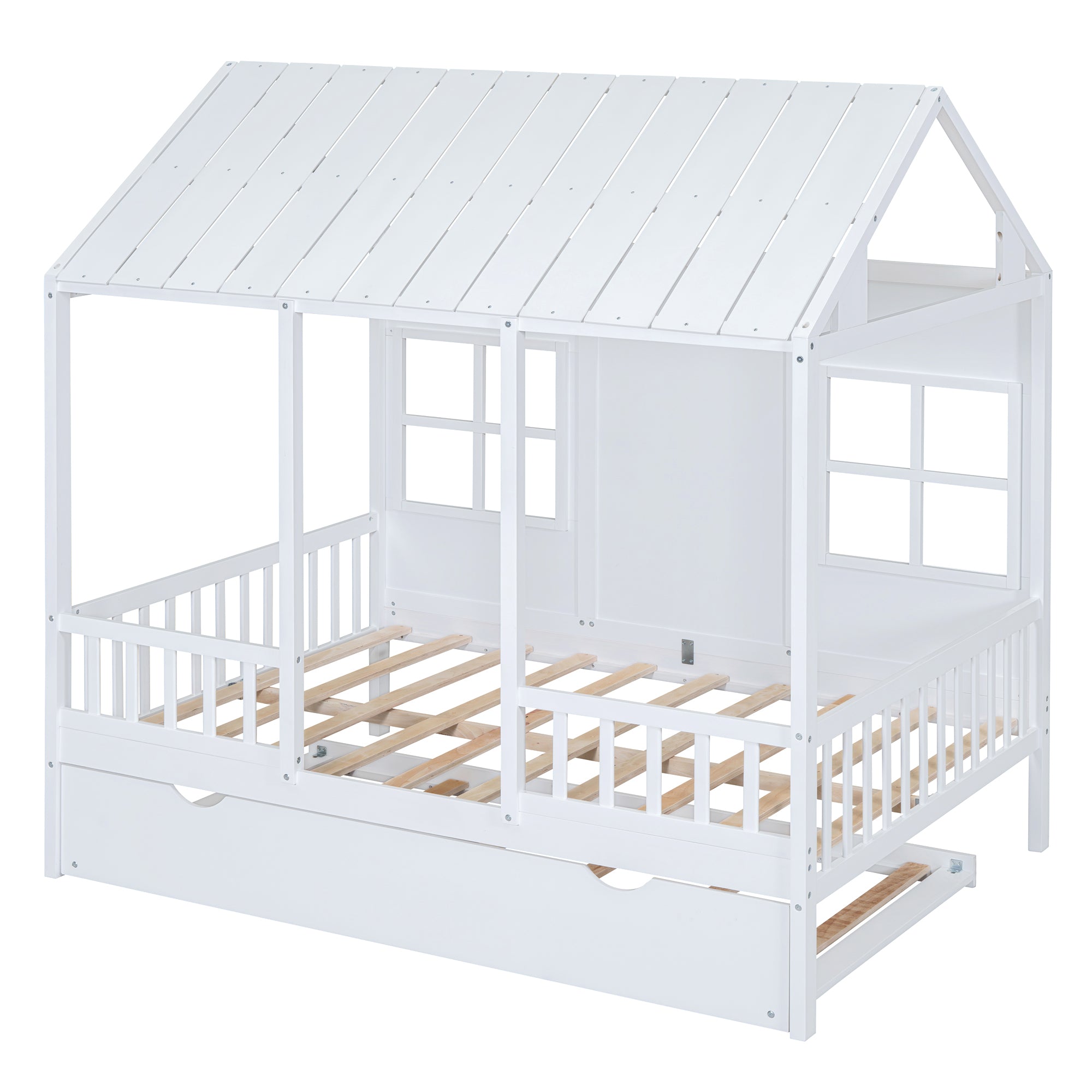 Full Size Wood House Bed With Twin Size Trundle, Wooden Daybed, White