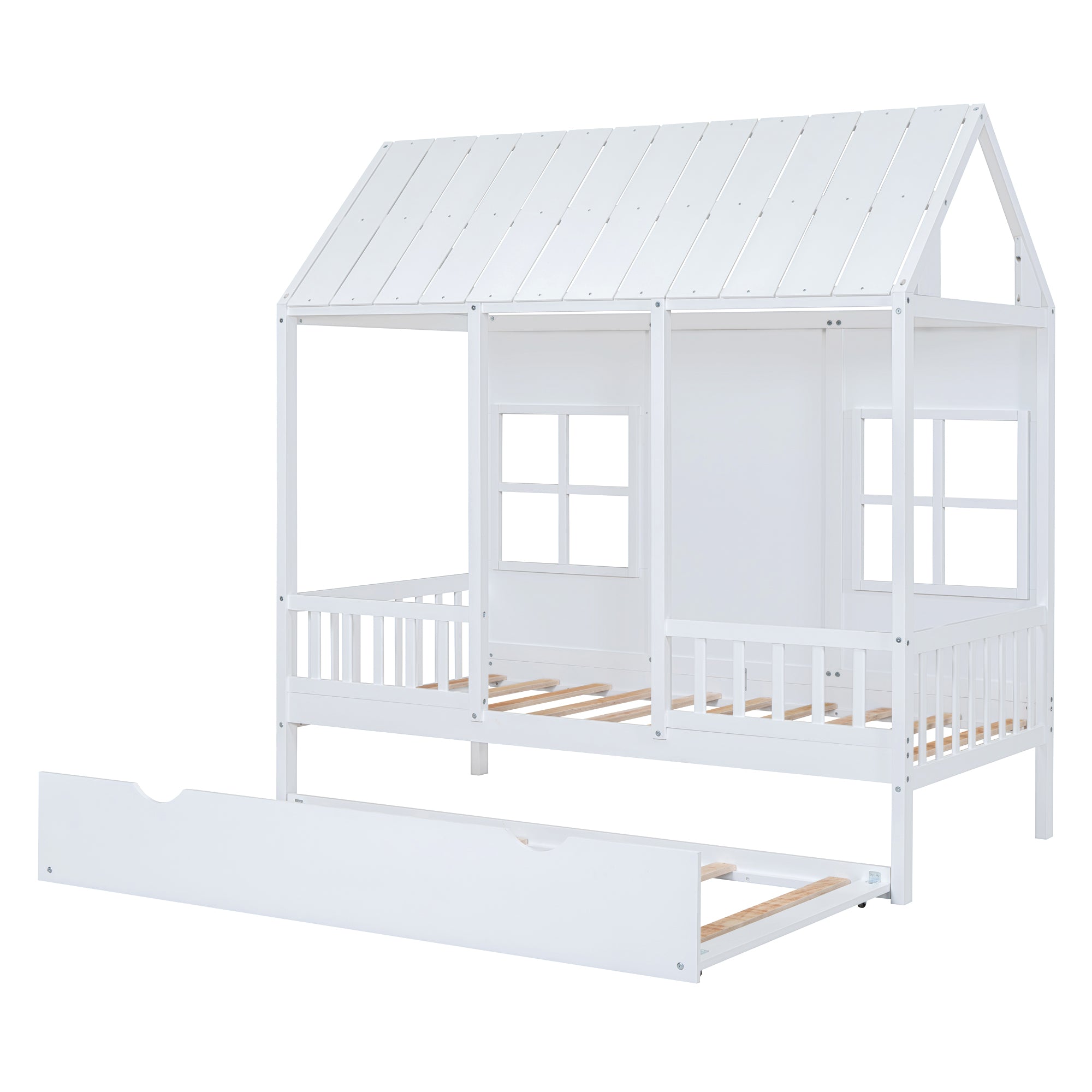 Twin Size Wood House Bed With Twin Size Trundle, Wooden Daybed, White