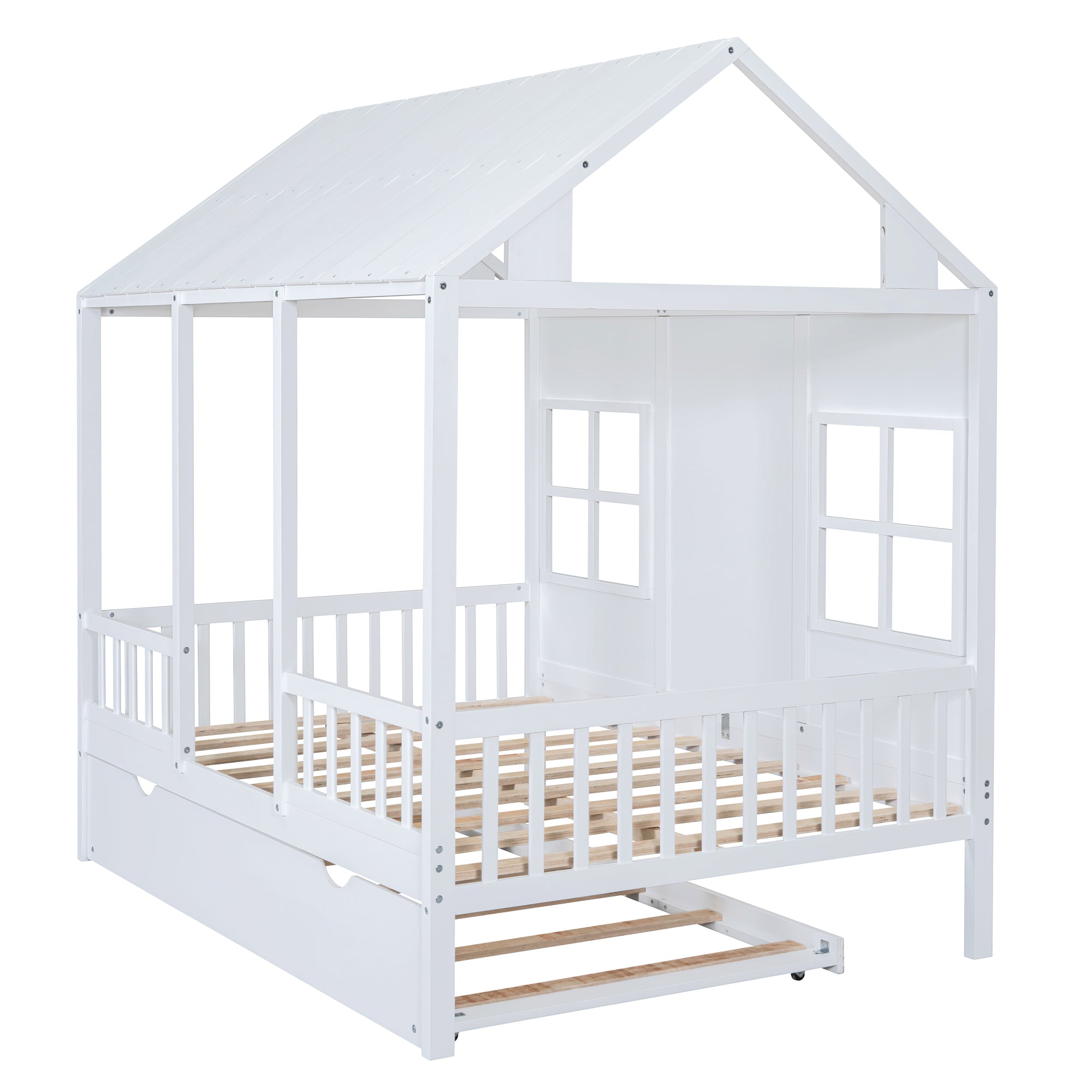 Full Size Wood House Bed With Twin Size Trundle, Wooden Daybed, White