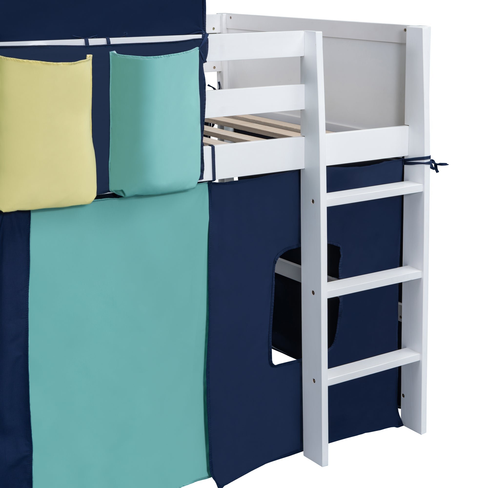 Twin Size Loft Bed with Tent and Tower  and  Three Pockets- Blue