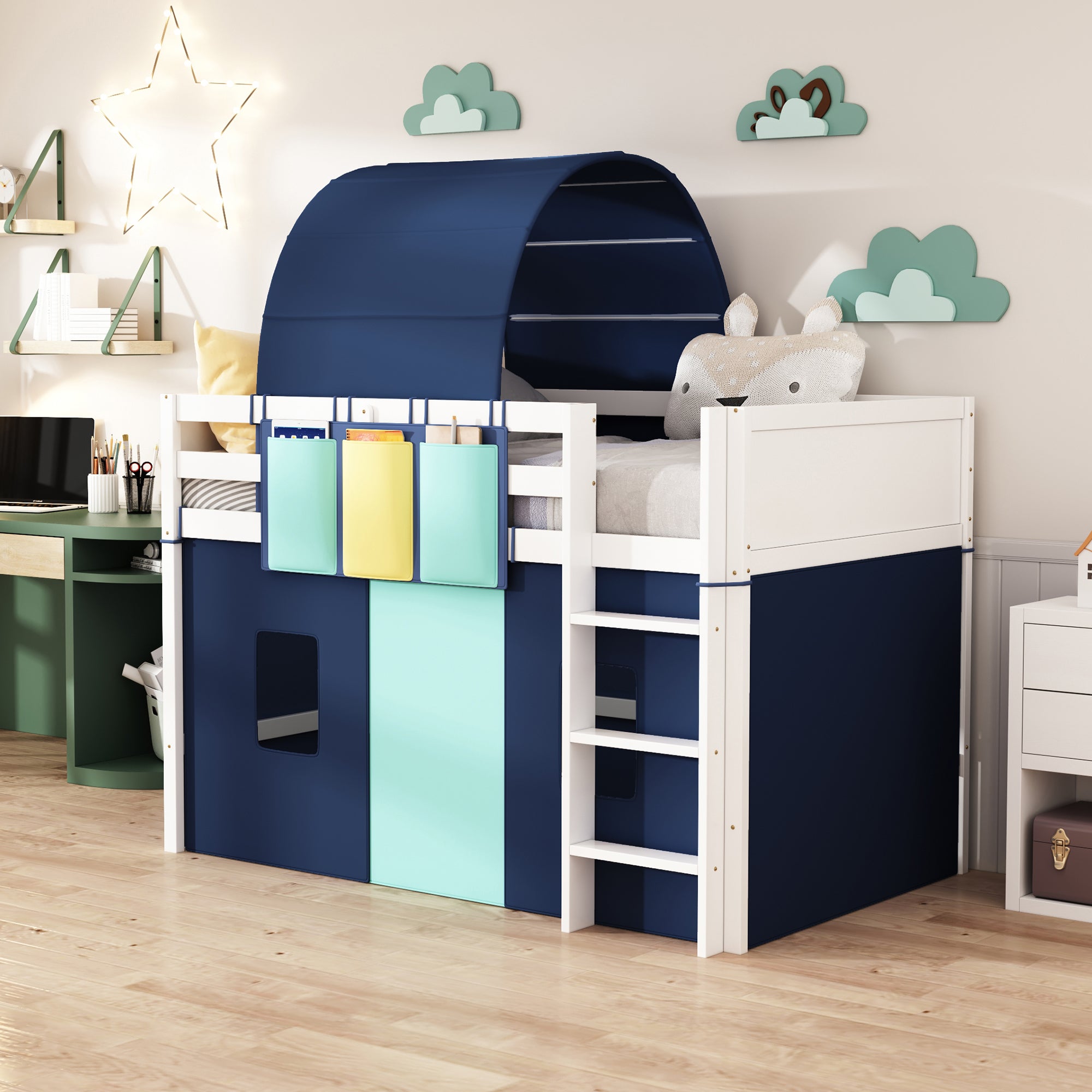 Twin Size Loft Bed with Tent and Tower  and  Three Pockets- Blue