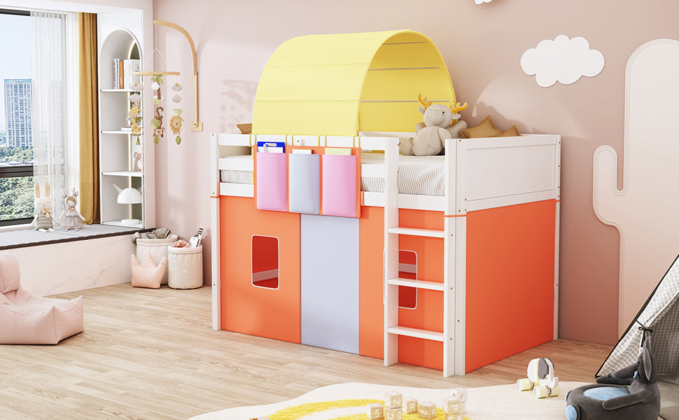 Twin Size Loft Bed with Tent and Tower  and  Three Pockets- Orange