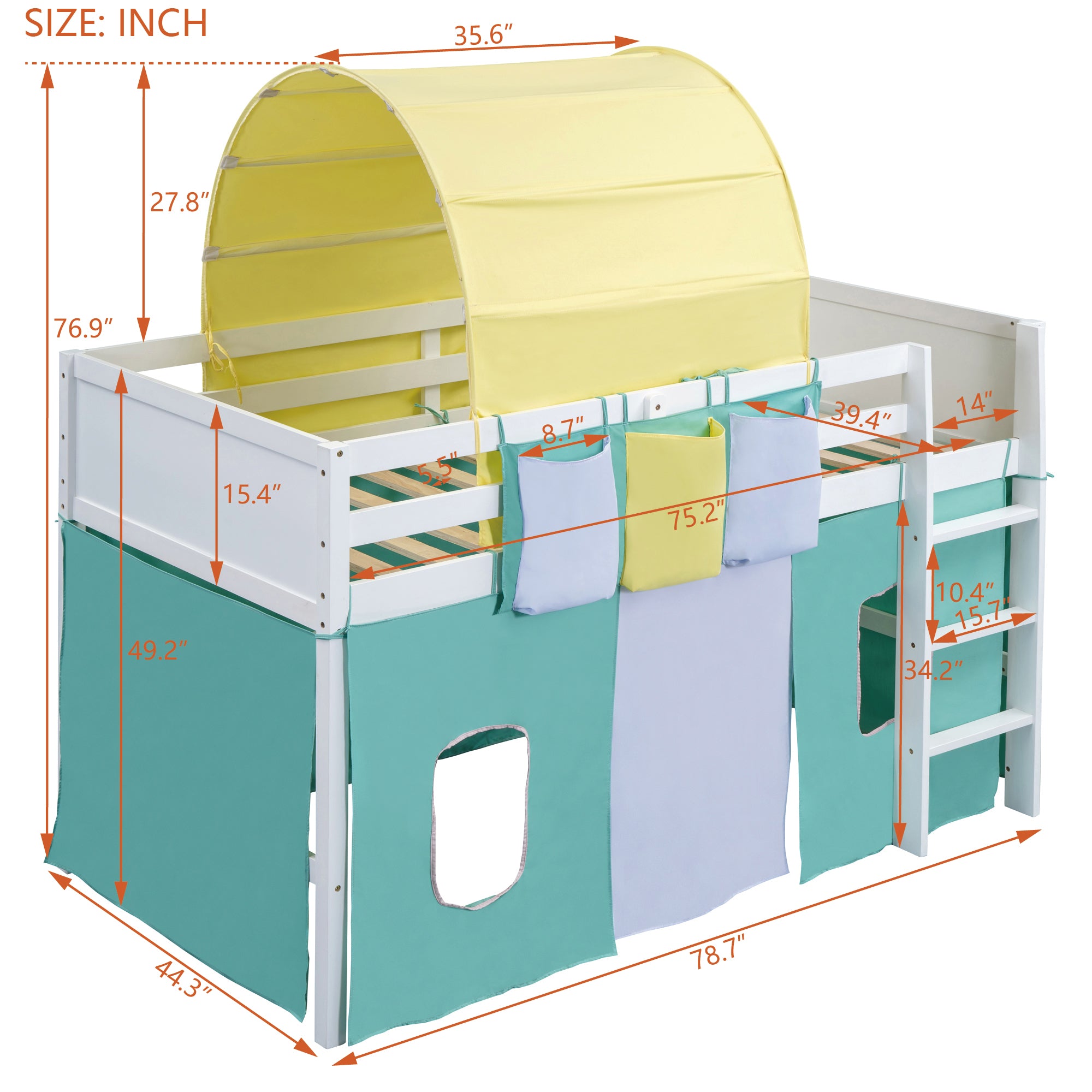 Twin Size Loft Bed with Tent and Tower  and  Three Pockets- Green