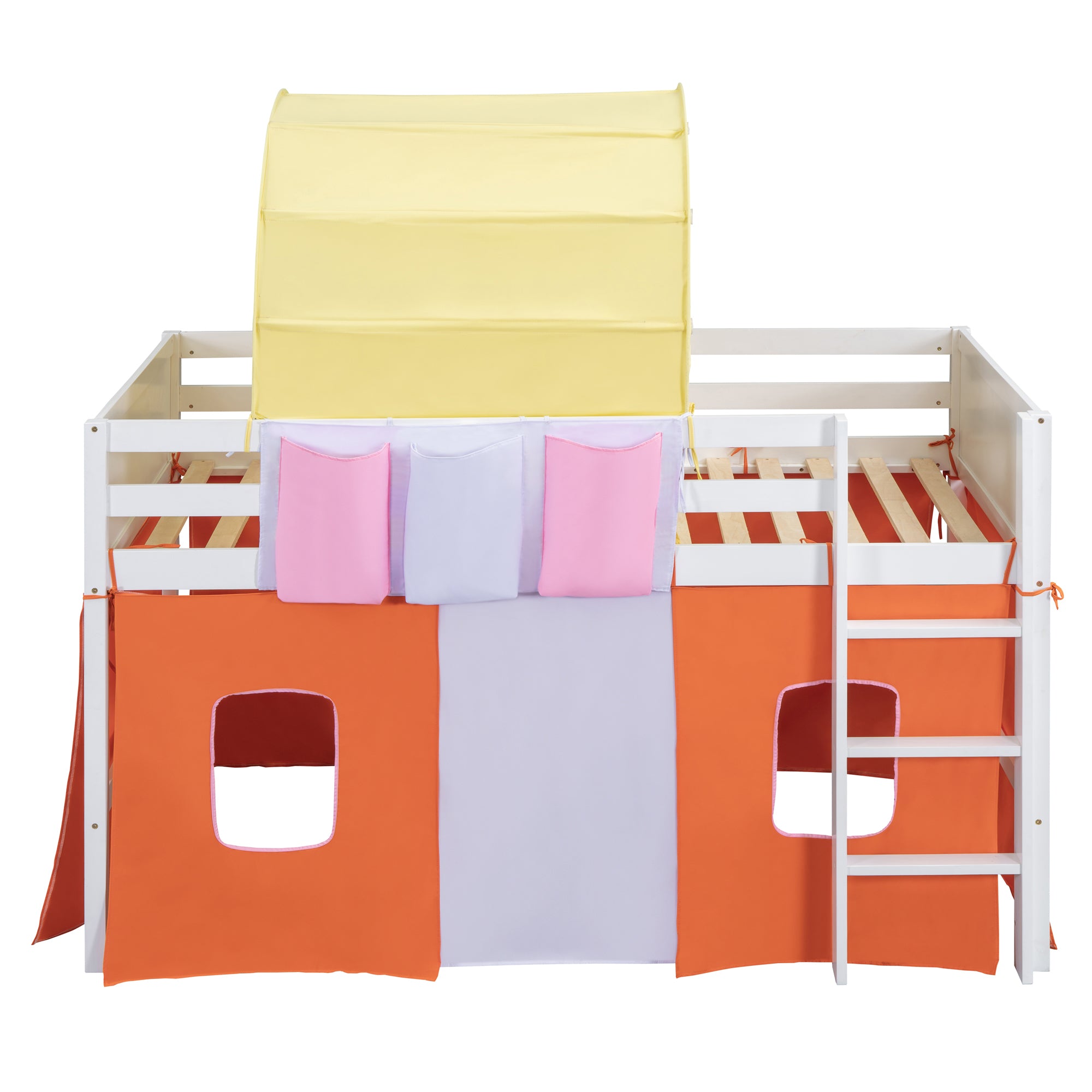 Twin Size Loft Bed with Tent and Tower  and  Three Pockets- Orange