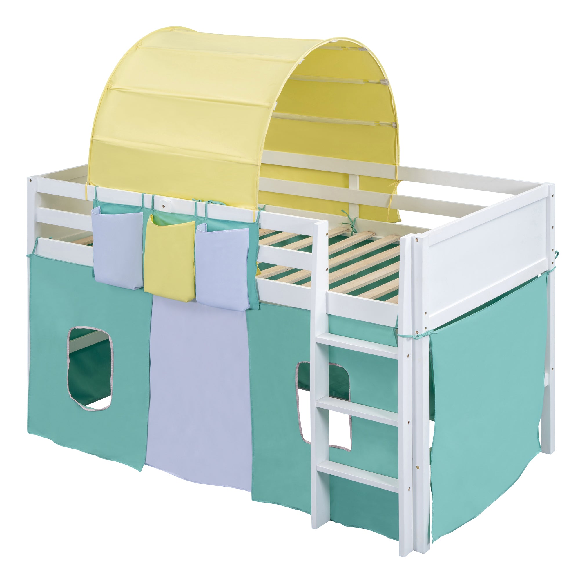 Twin Size Loft Bed with Tent and Tower  and  Three Pockets- Green