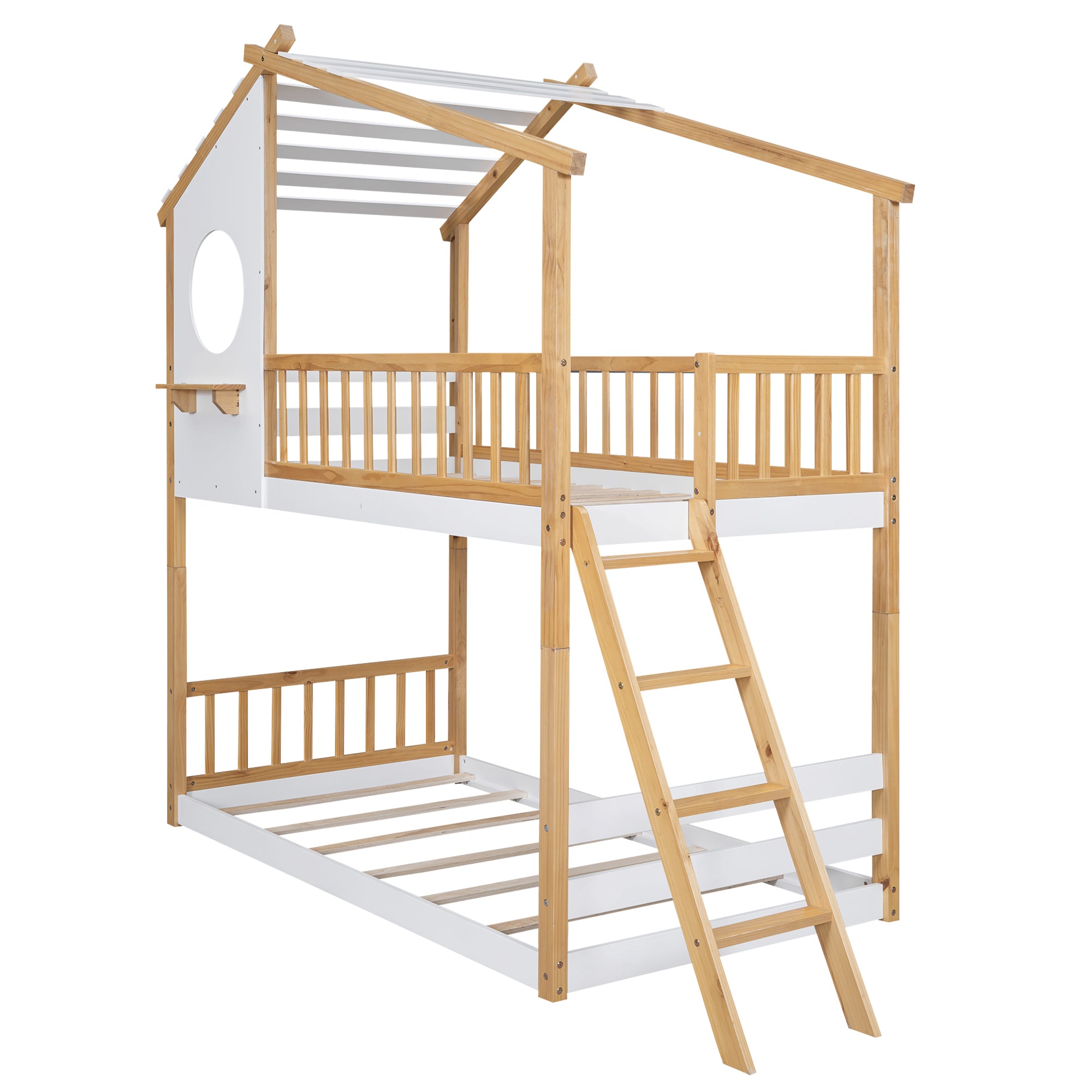 Twin Over Twin Bunk Bed Wood Bed with Roof, Window, Ladder,Natural