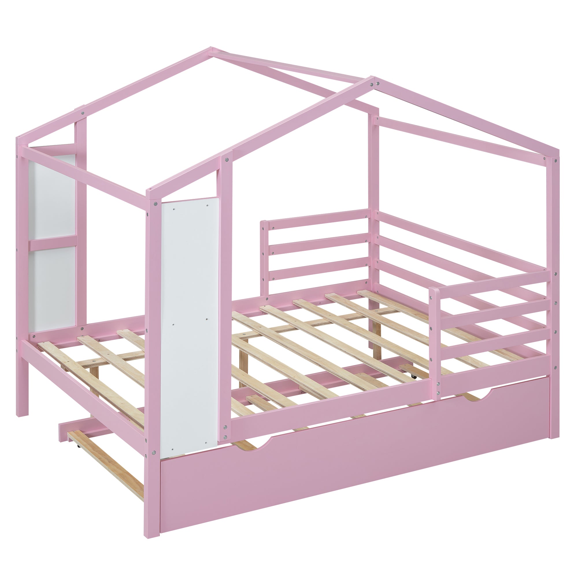 Full Size Wood House Bed with Fence and Writing Board, Pink