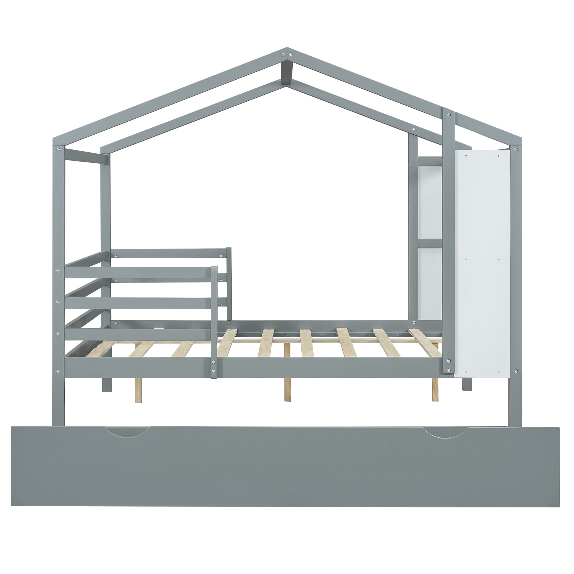 Full Size Wood House Bed with Fence and Writing Board, Gray