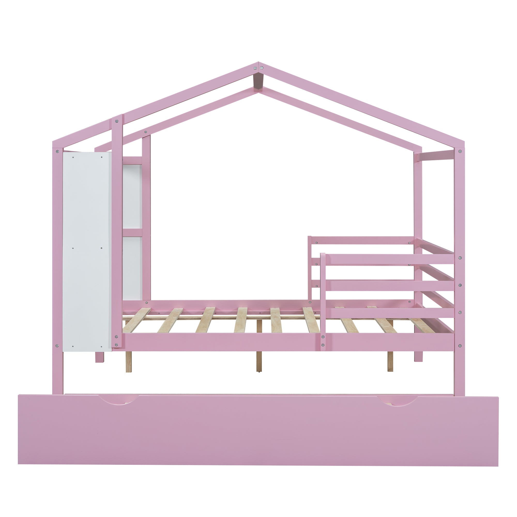 Full Size Wood House Bed with Fence and Writing Board, Pink