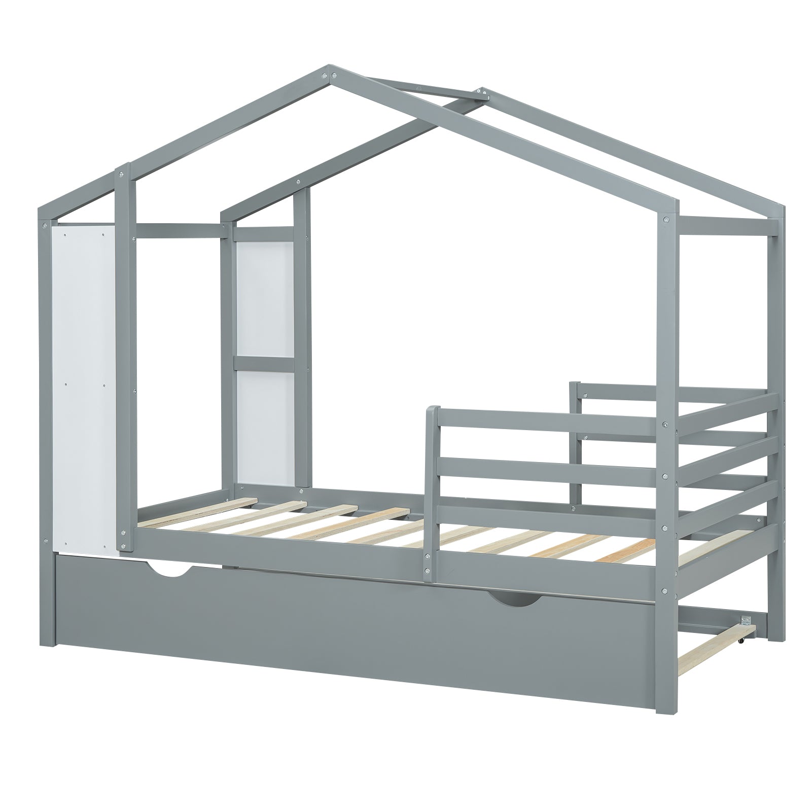 Twin Size Wood House Bed with Fence and Writing Board, Gray