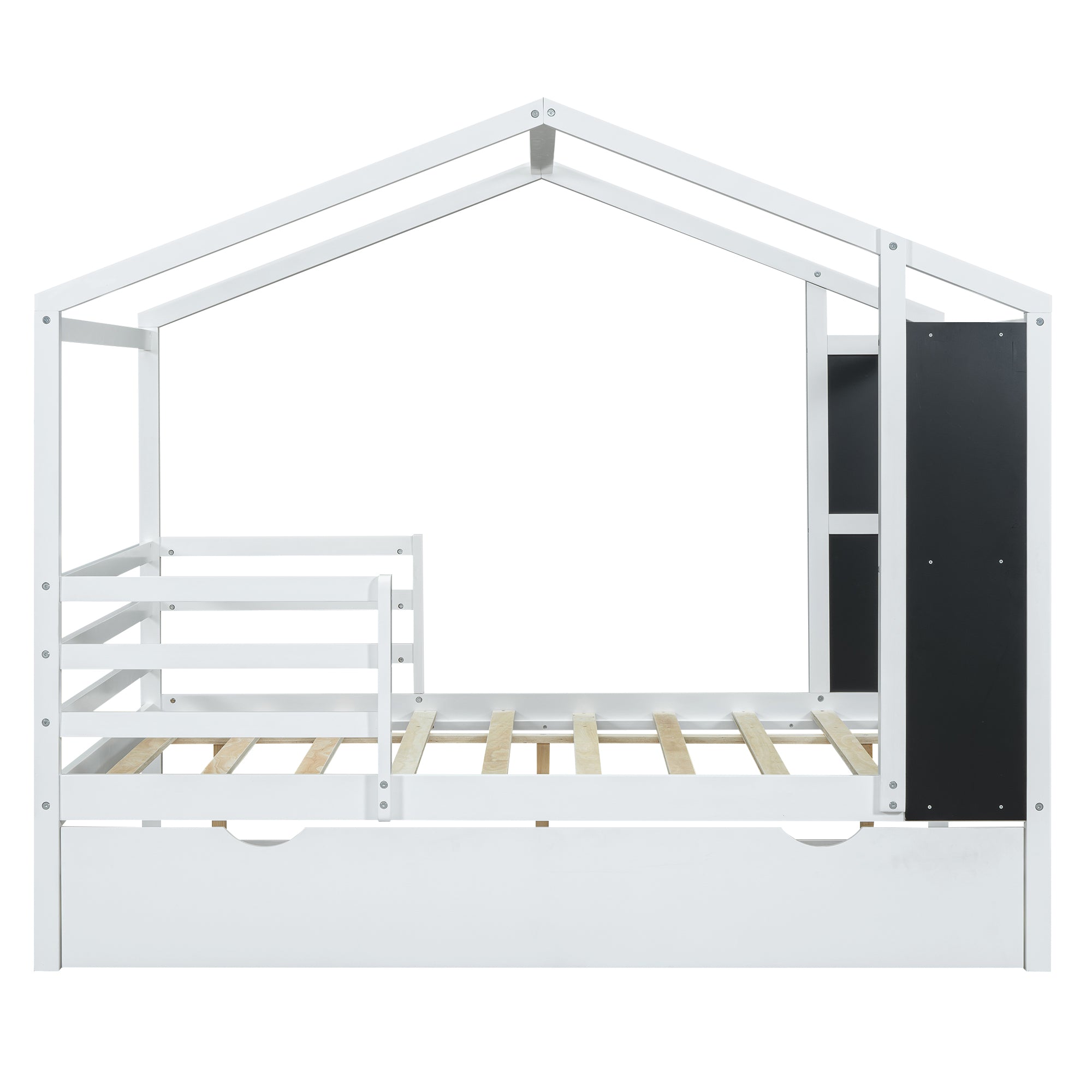 Full Size Wood House Bed with Fence and Writing Board, White