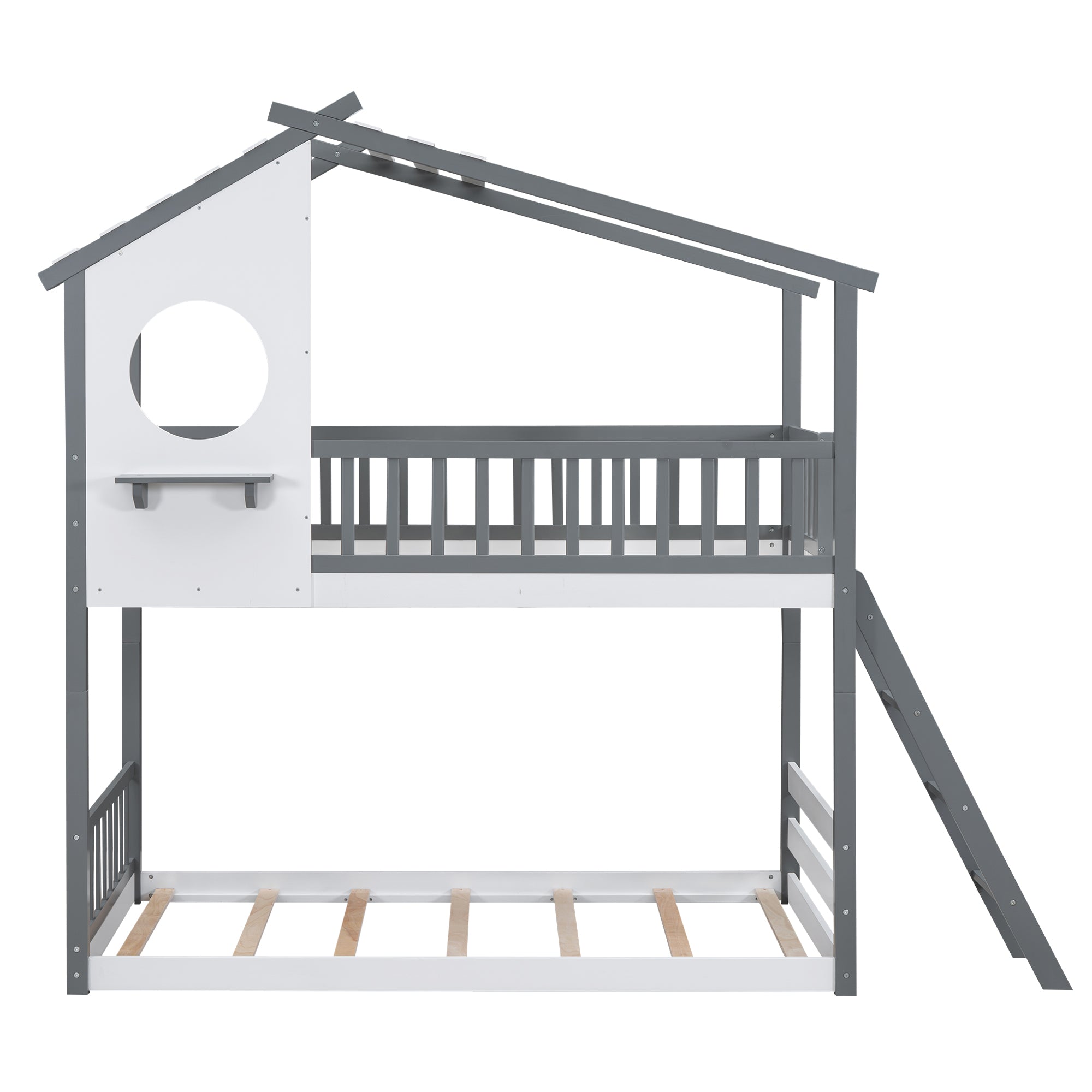 Twin Over Twin Bunk Bed Wood Bed with Roof, Window, Ladder,Gray