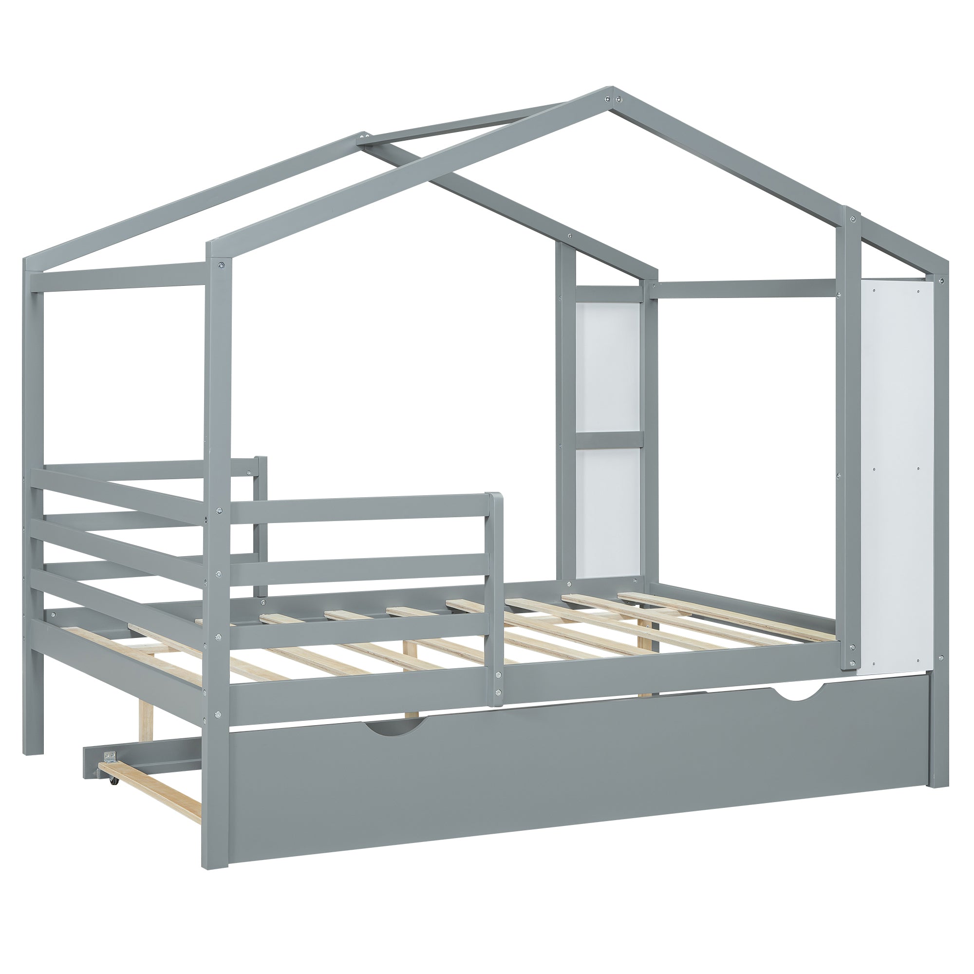 Full Size Wood House Bed with Fence and Writing Board, Gray