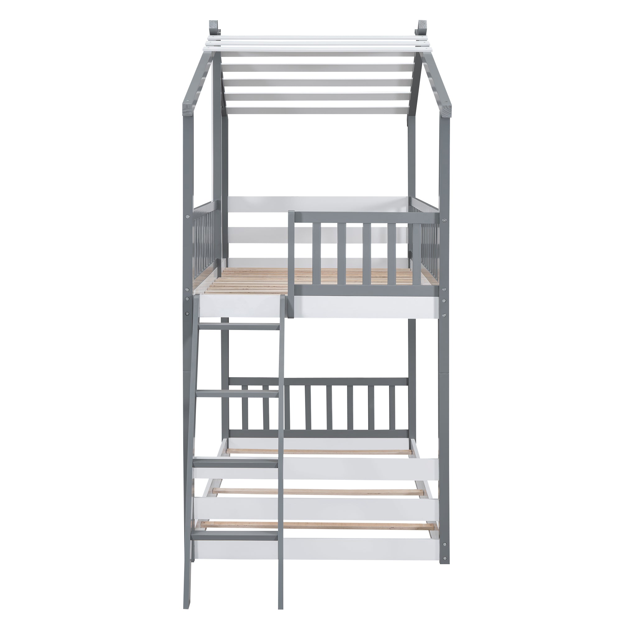 Twin Over Twin Bunk Bed Wood Bed with Roof, Window, Ladder,Gray