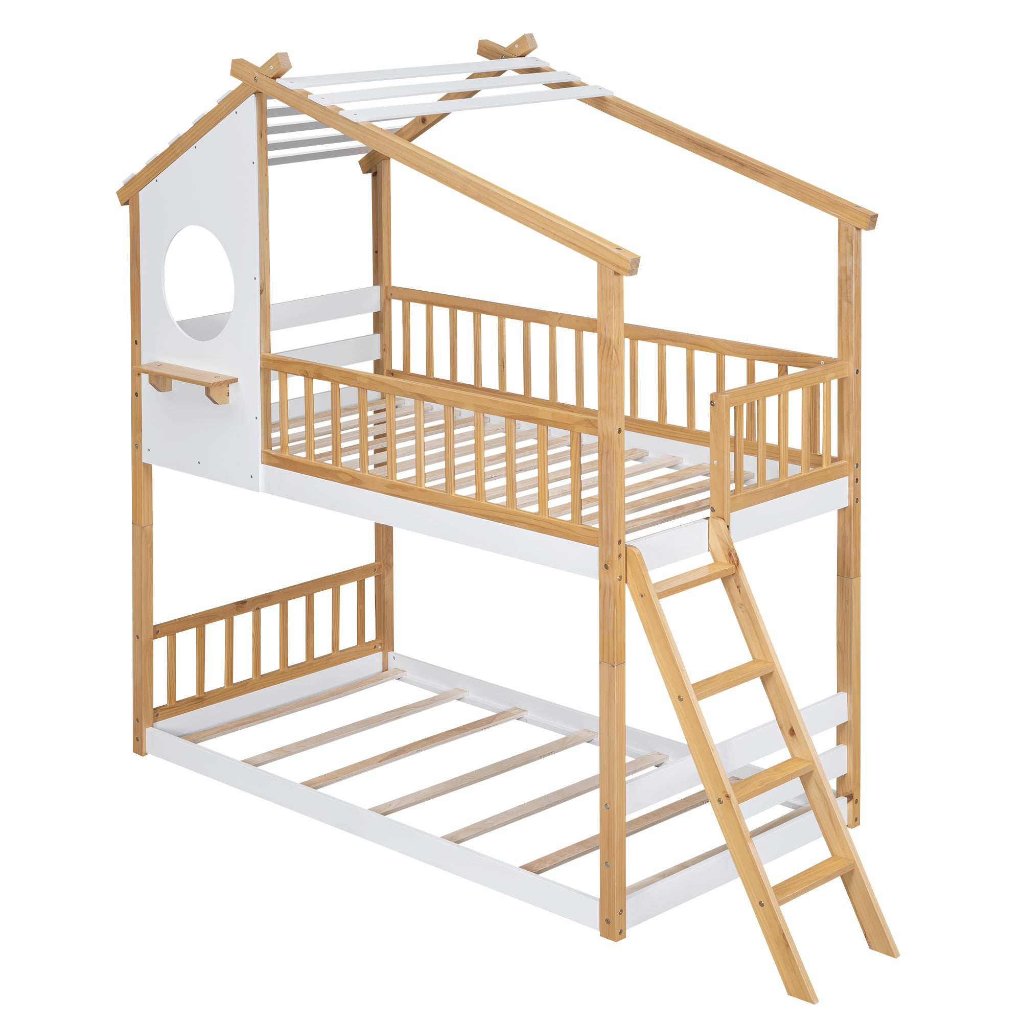 Twin Over Twin Bunk Bed Wood Bed with Roof, Window, Ladder,Natural