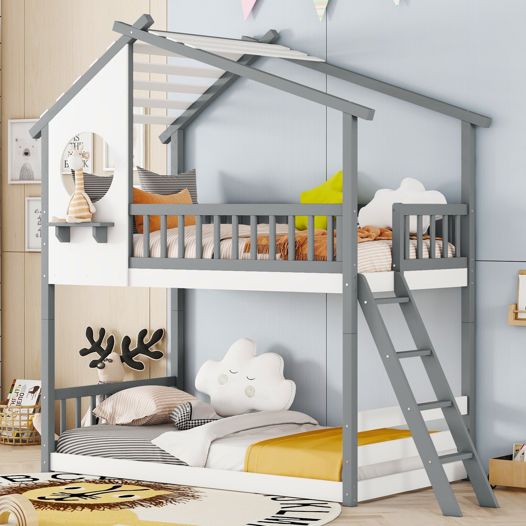 Twin Over Twin Bunk Bed Wood Bed with Roof, Window, Ladder,Gray