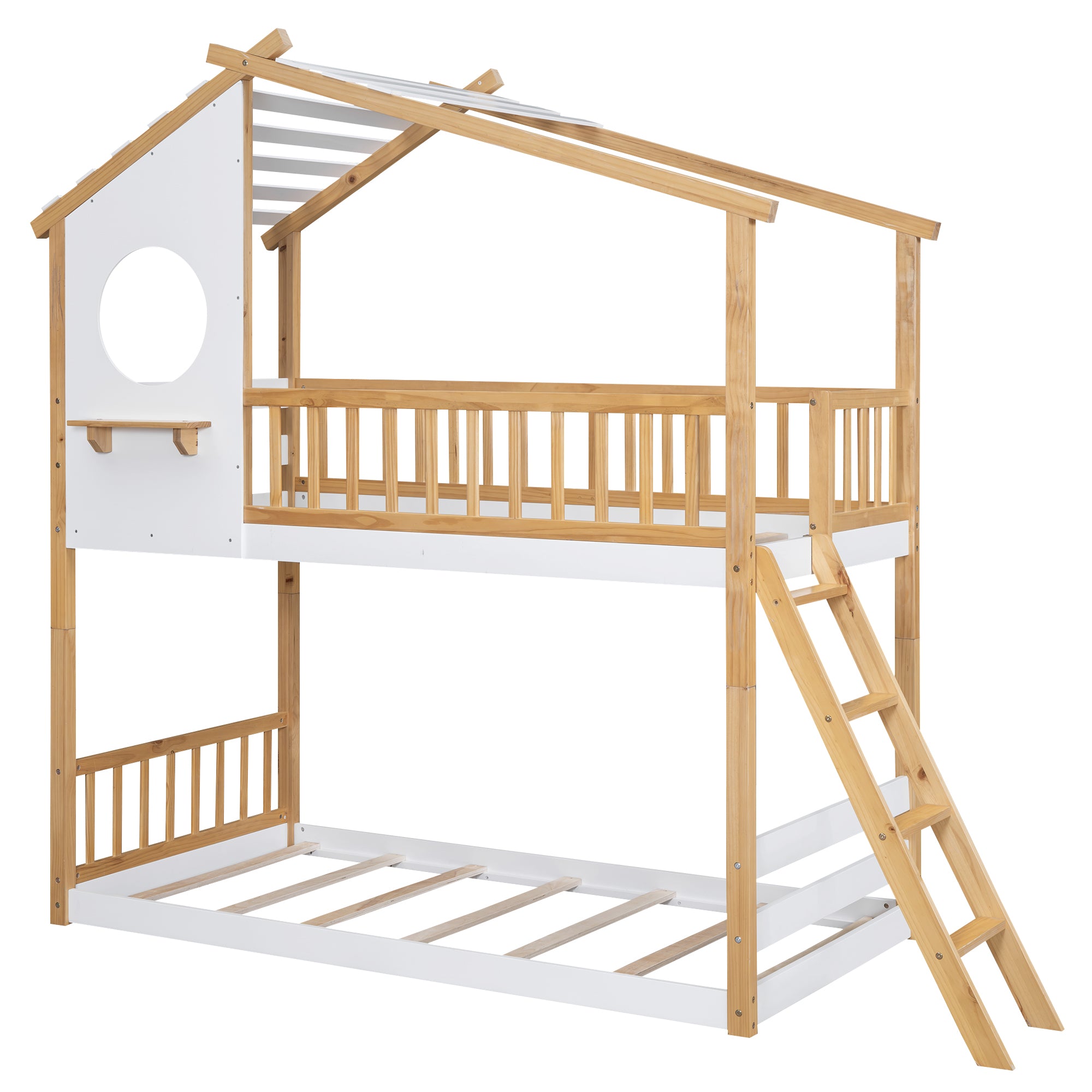 Twin Over Twin Bunk Bed Wood Bed with Roof, Window, Ladder,Natural