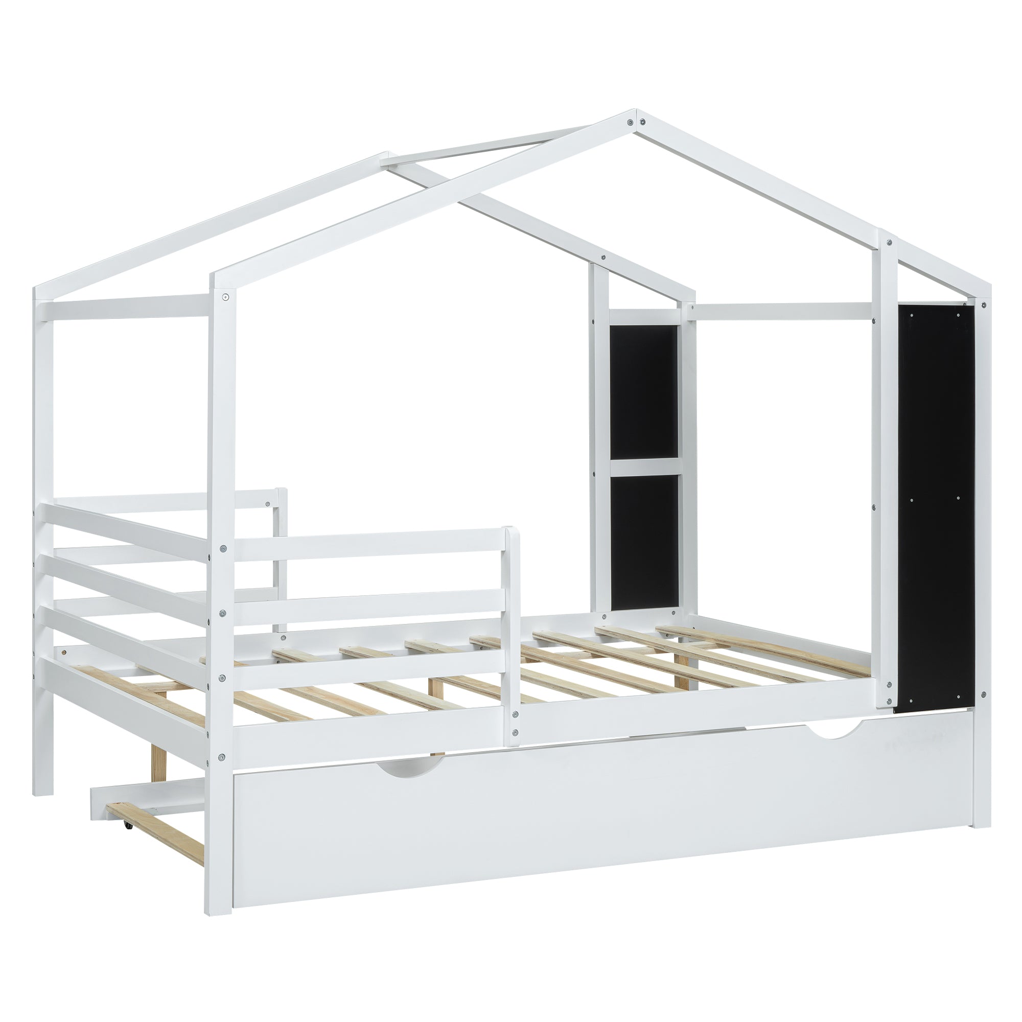 Full Size Wood House Bed with Fence and Writing Board, White